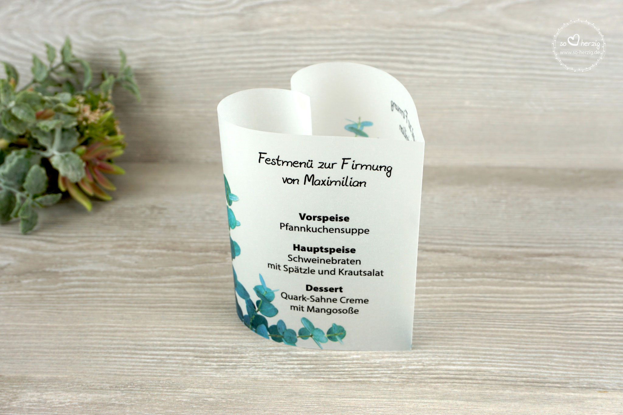 Menükarte Herzform 10,5cm, Design Eukalyptus