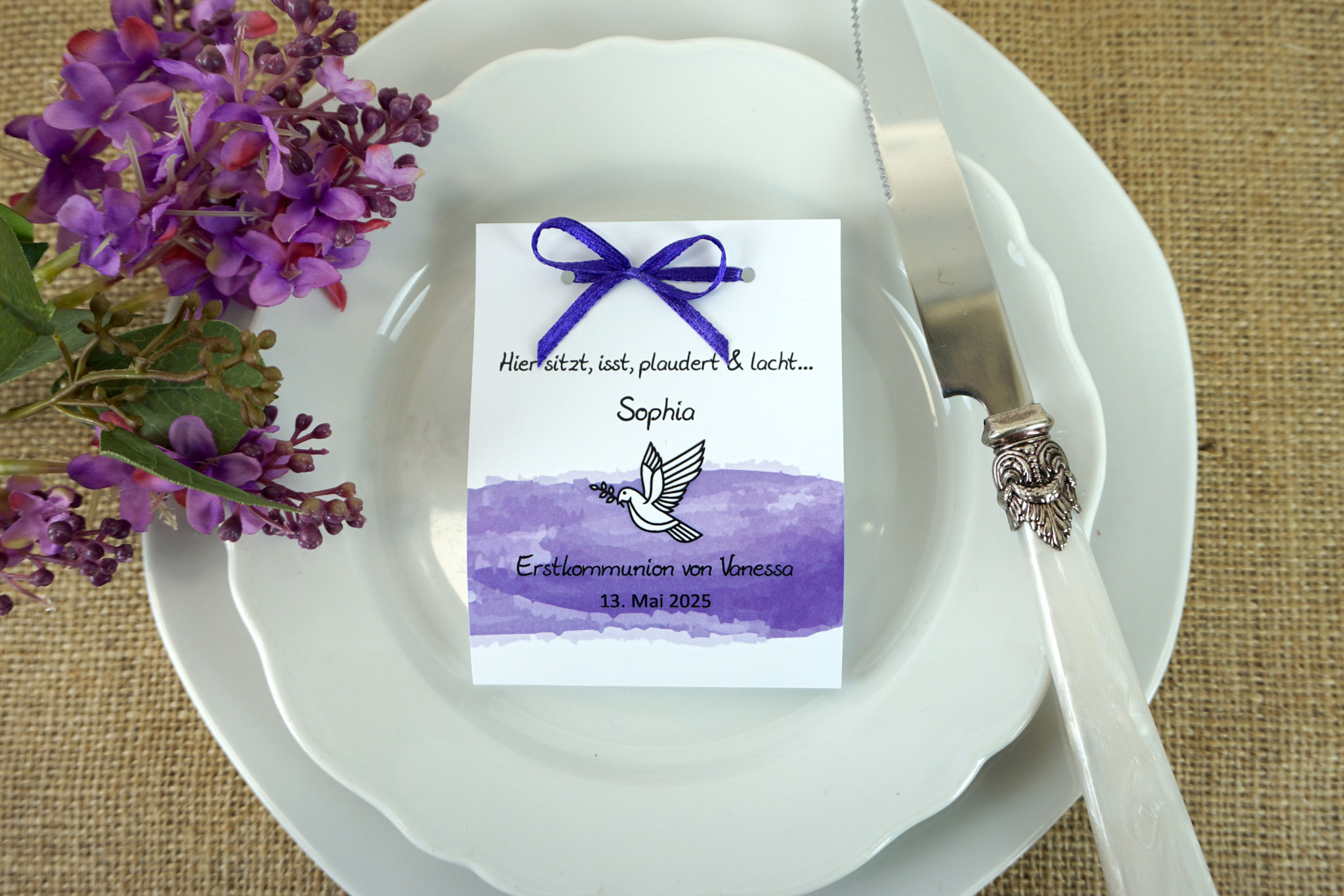 Fruchtgummikarte Design Taube-Aquarellband - Satinband Lila