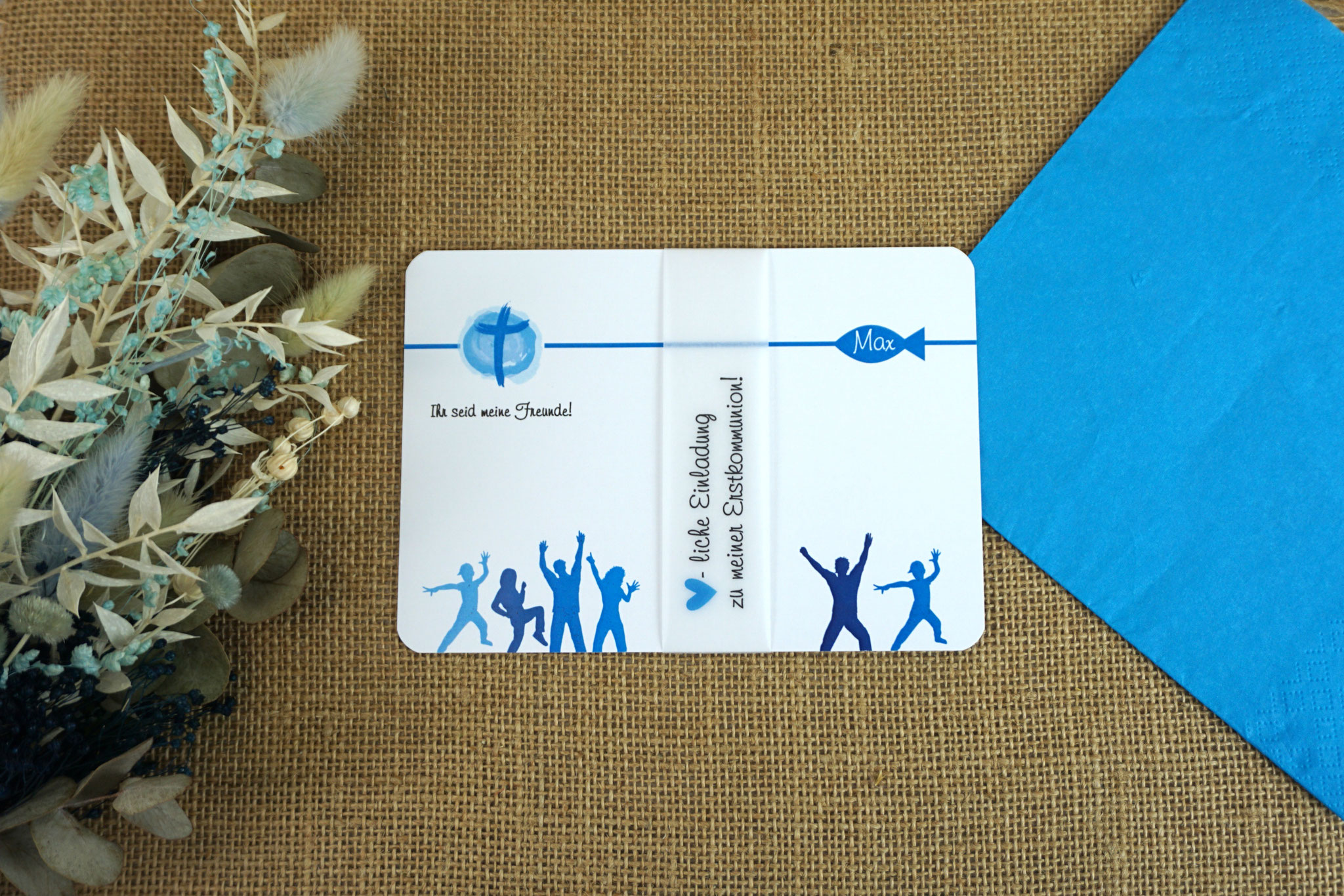 Einladungskarte runde Ecken - Design "Ihr seid meine Freunde!" - Blau