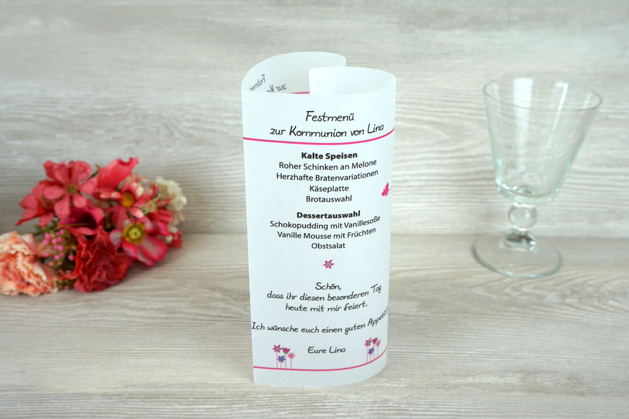 Menükarte Herzform 17cm, Design Blumenwiese Pink