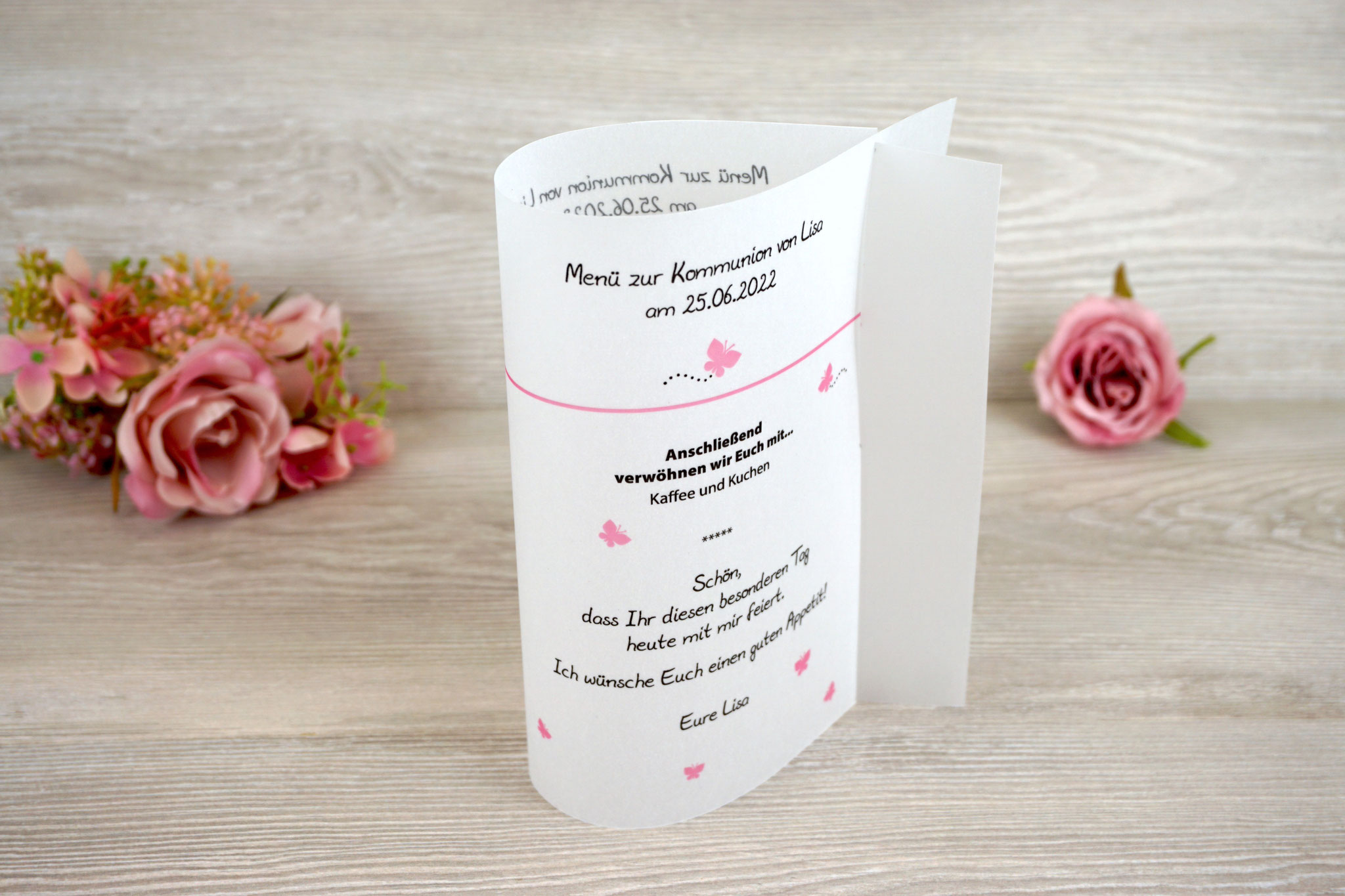 Menükarte Fischform 17cm, Design Schmetteringe Rosa