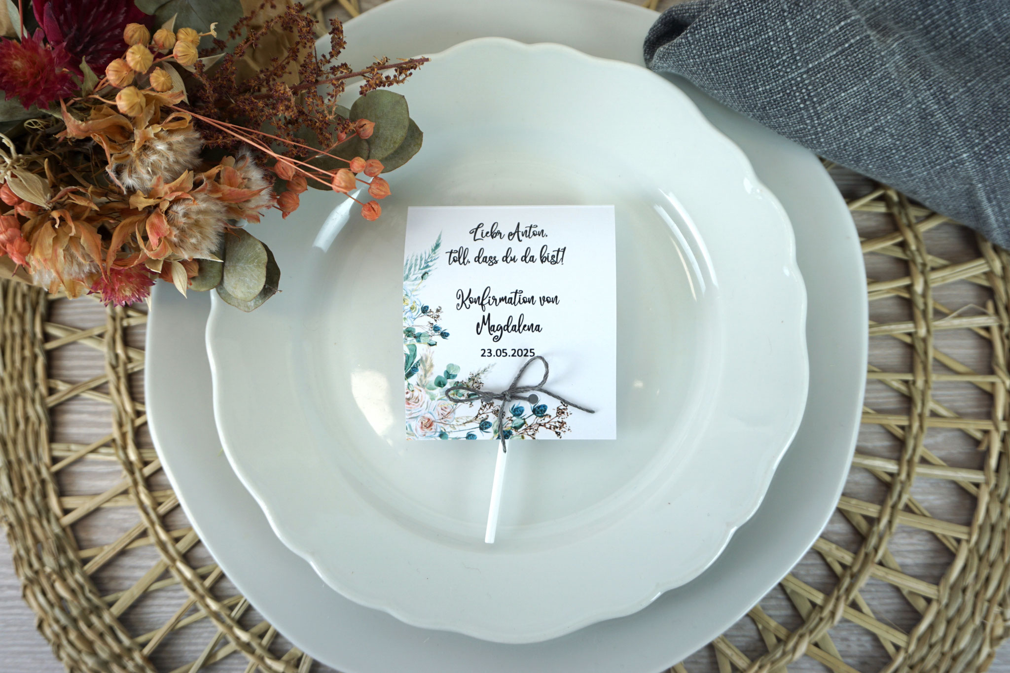 Lutscherkarte Design Boho - Leinenzwirn Dunkelgrau
