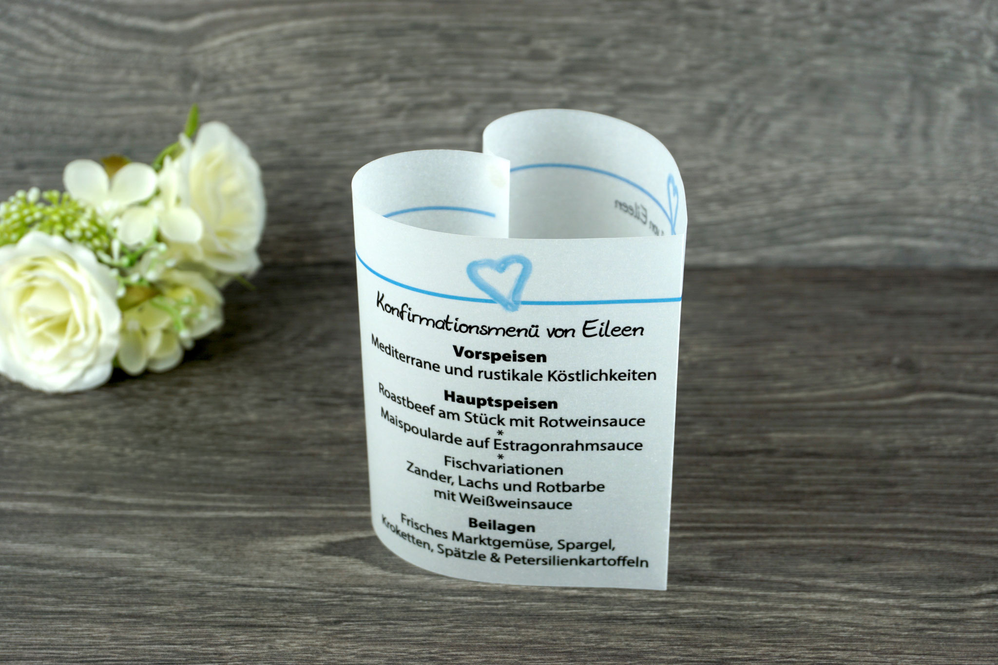 Menükarte Herzform 10,5cm, Design Aquarellherz Blau