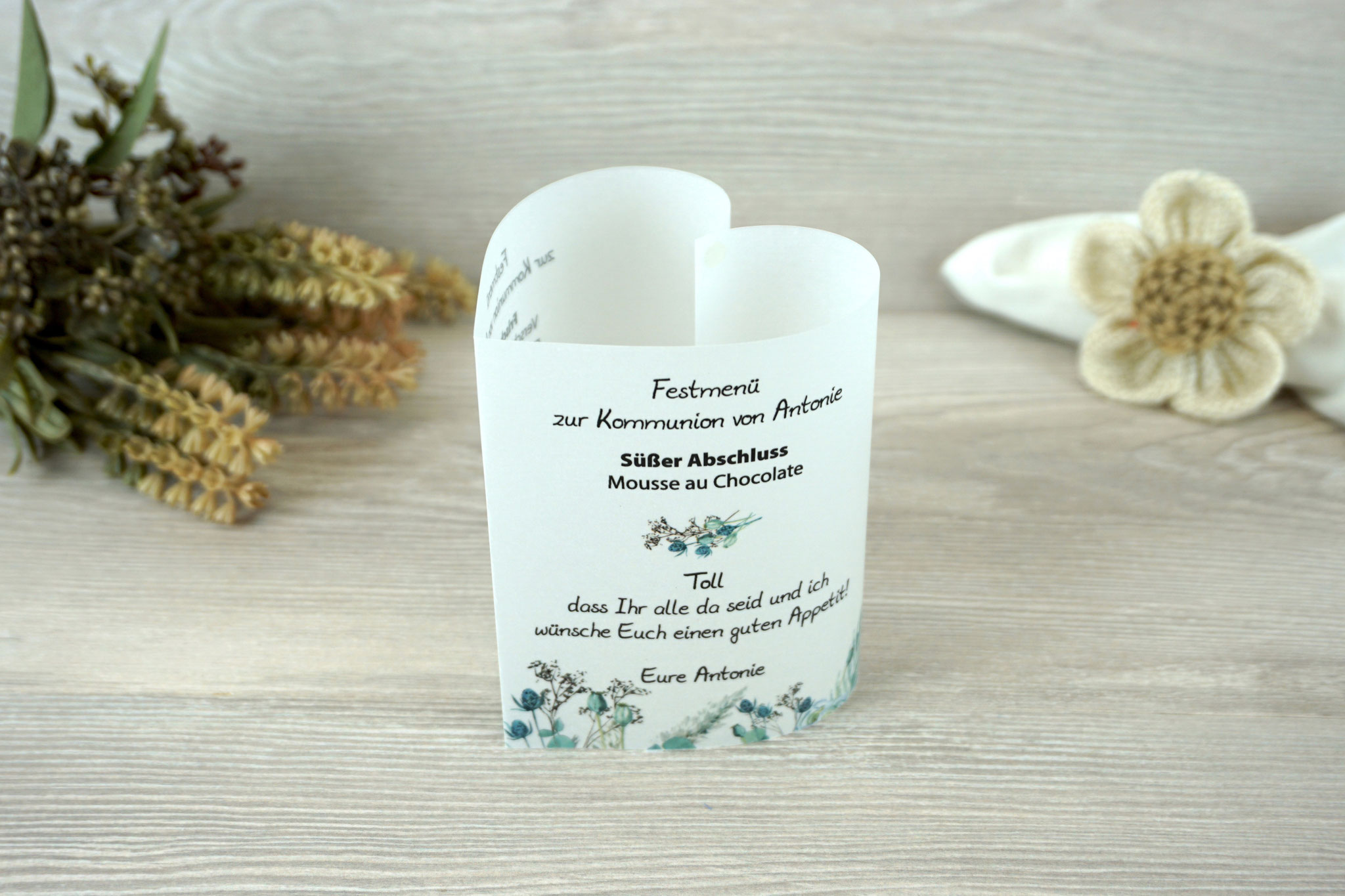 Menükarte Herzform 10,5cm, Design Boho