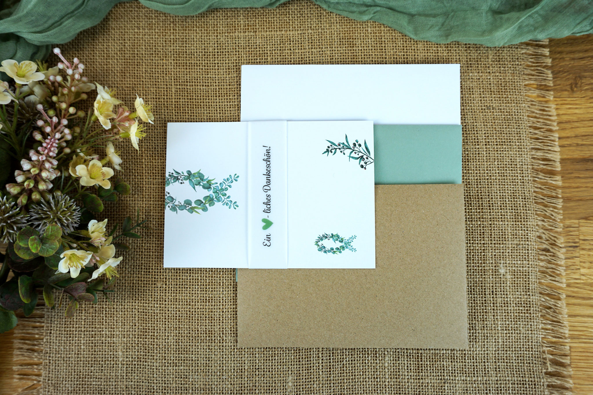 Danksagungskarte Design Eukalyptus/Fisch - Wahlweise Briefkuvert Weiß, Kraftpapier oder Eukalyptusfarben