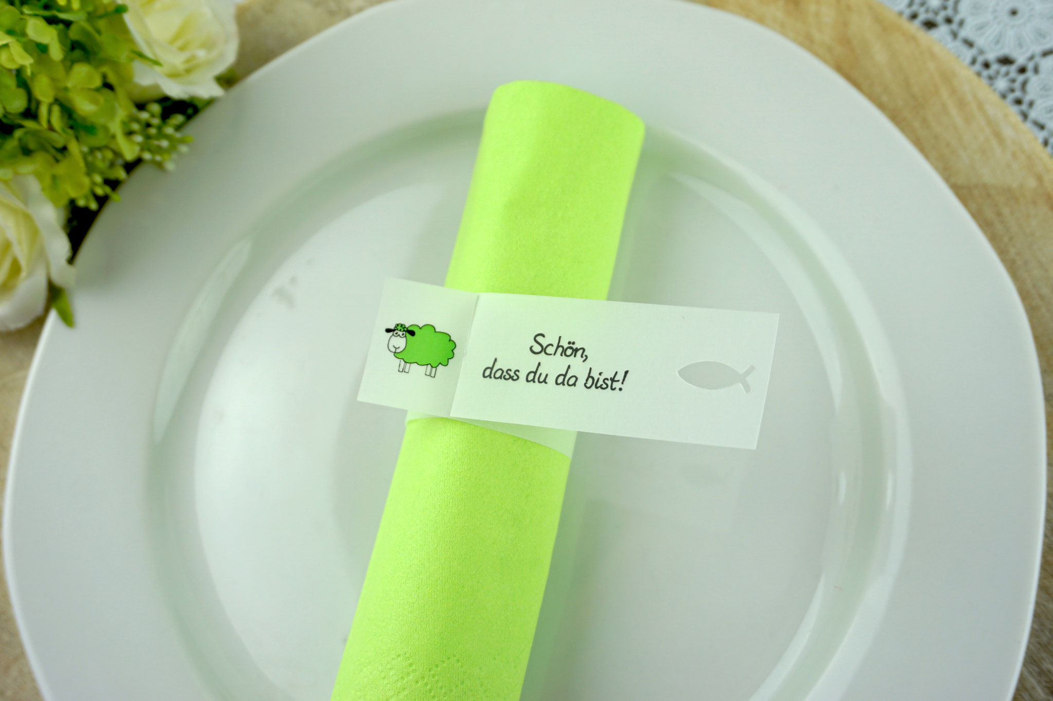Serviettenring Design Schaf, Farbe Apfelgrün, Randabschluss Fisch