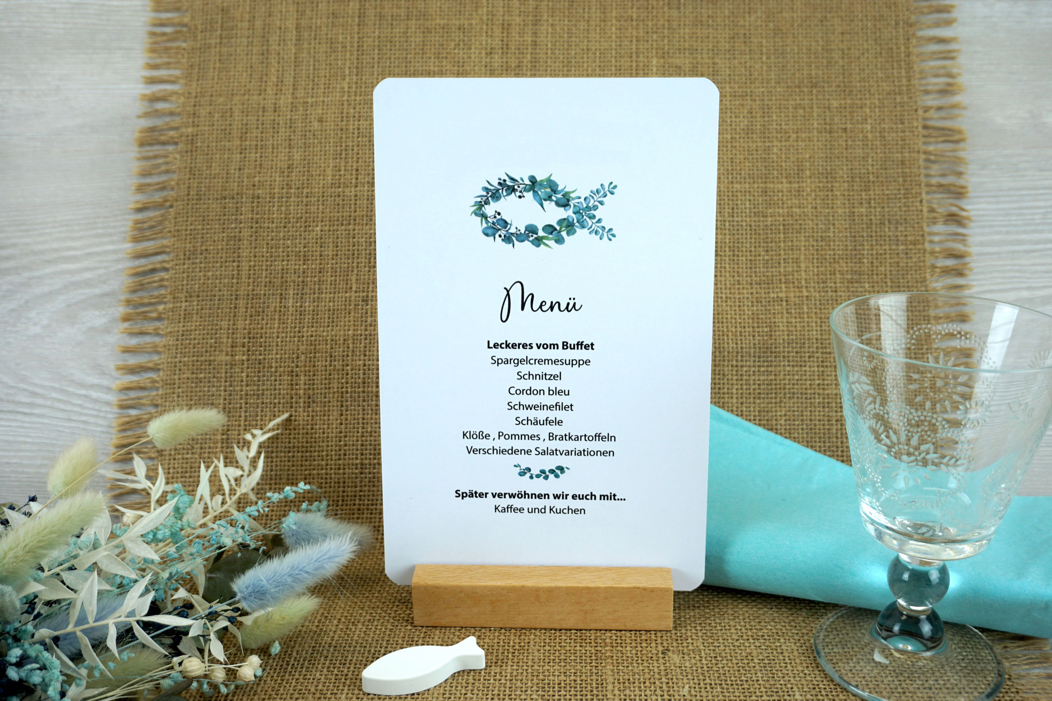 Menükarte/Tischaufsteller runde Ecken - Design Eukalyptus/Fisch