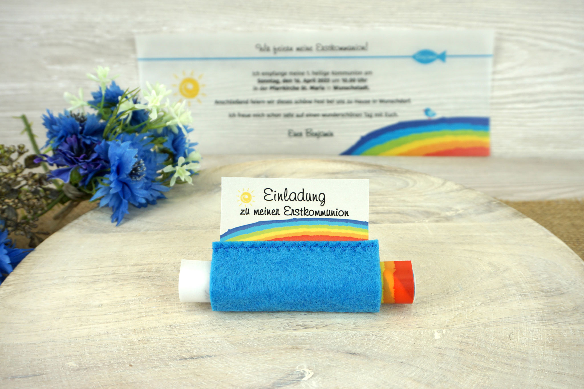 Design Regenbogen mit Vögelchen - Filz Blau - ohne Schleife