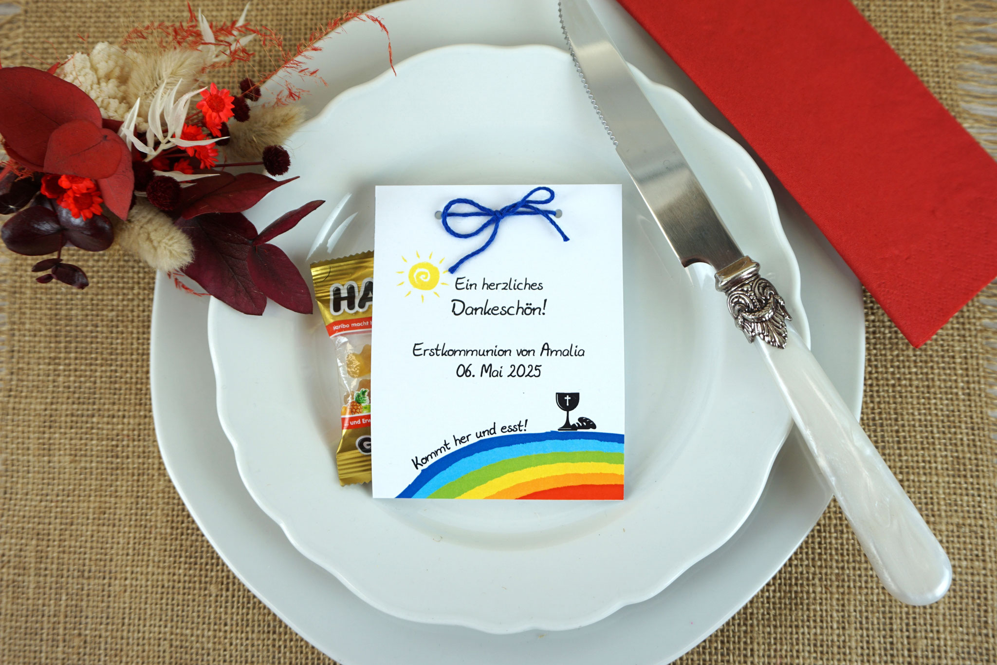 Fruchtgummikarte Design Regenbogen Blau - Leinenzwirn Blau - an Kommunionsmotto angepasst 