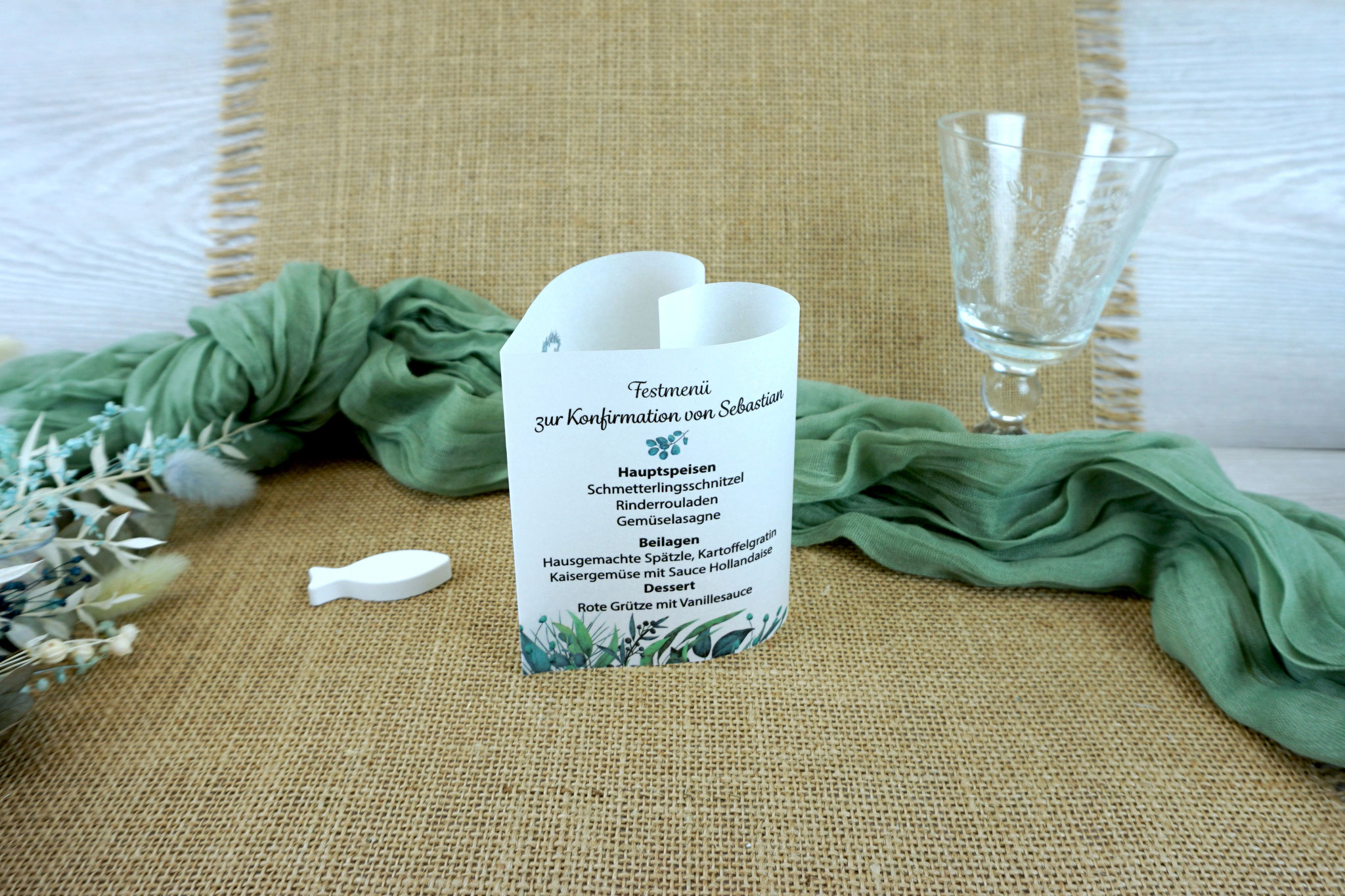 Menükarte/Lichthülle Herzform 10,5cm, Design Eukalyptus/Fisch