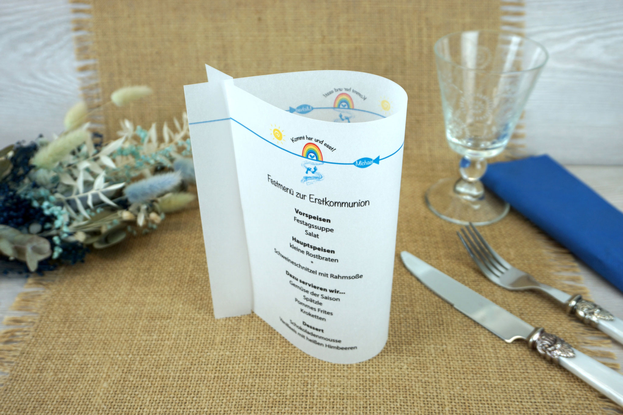 Menükarte Fischform 17cm, Design KommtHerUndEsst/Regenbogen - Blau