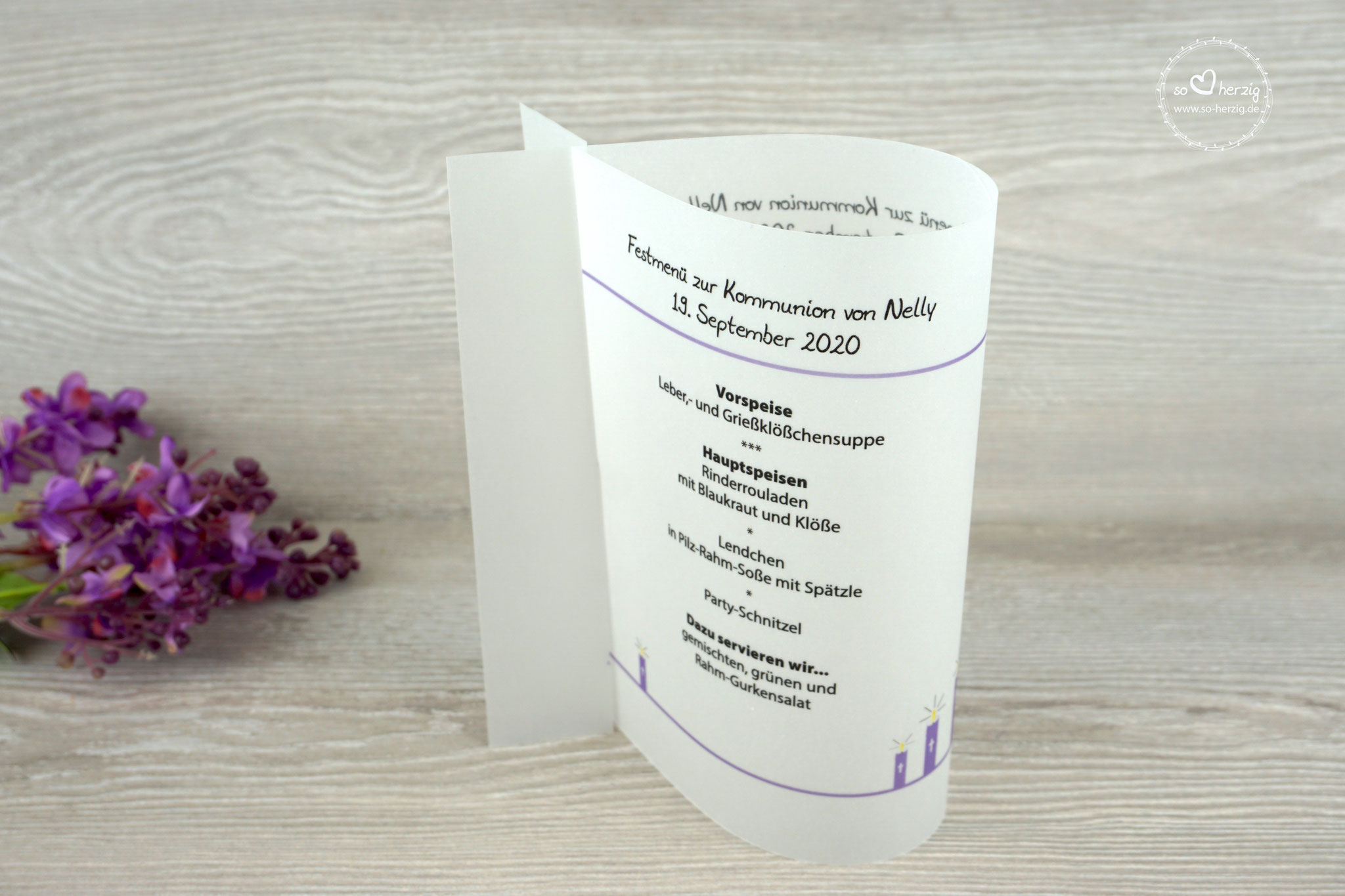 Menükarte Fischform 17cm hoch, Design Kerzen Flieder