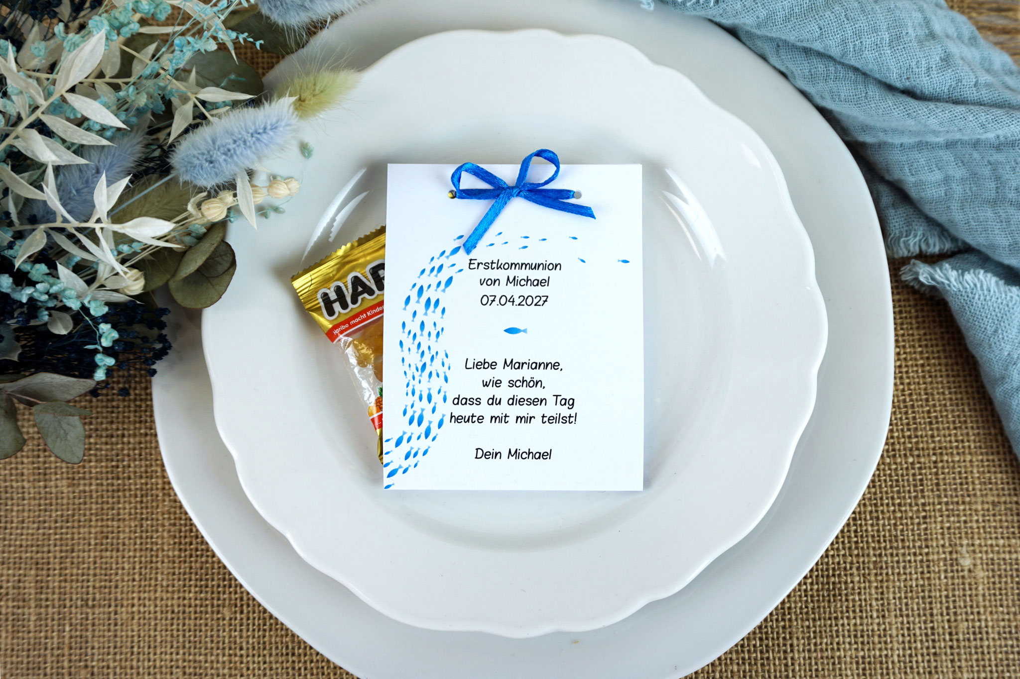 Fruchtgummikarte Design Fischschwarm Blau - mit Fruchtgummi