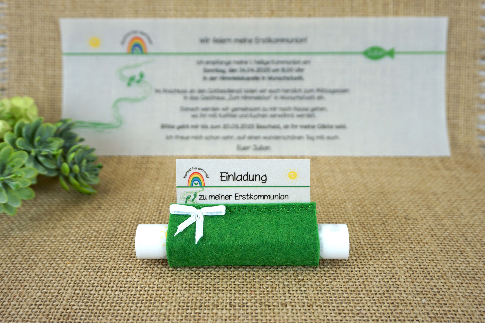 Design Kommt her und esst/Regenbogen - Filz Grün - mit Schleife