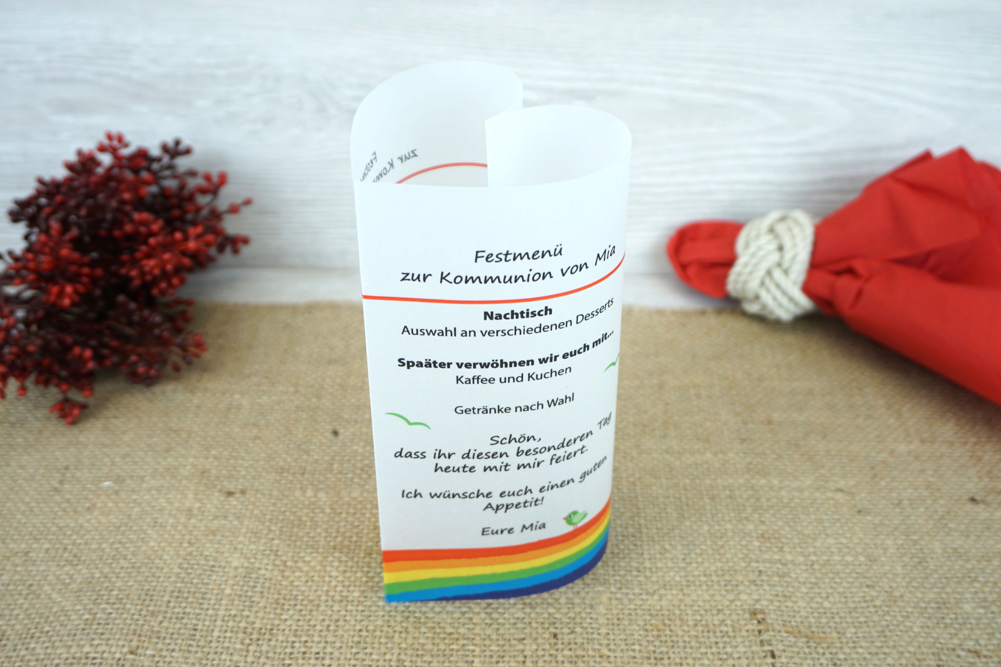 Menükarte Herzform 17cm, Design Regenbogen/Vögelchen - Rot