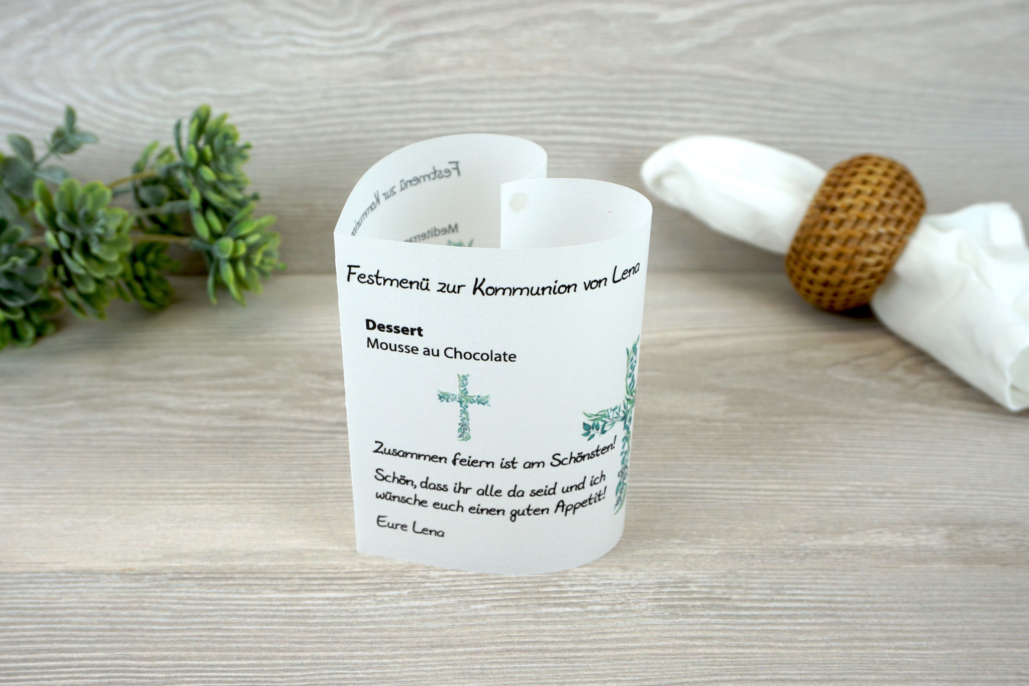 Menükarte Herzform 10,5cm, Design Eukalyptus-Kreuz