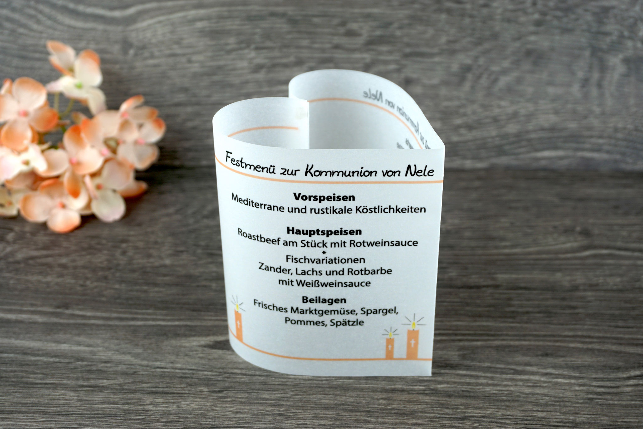  Menükarte Herzform Design Kerzen, Farbe Apricot