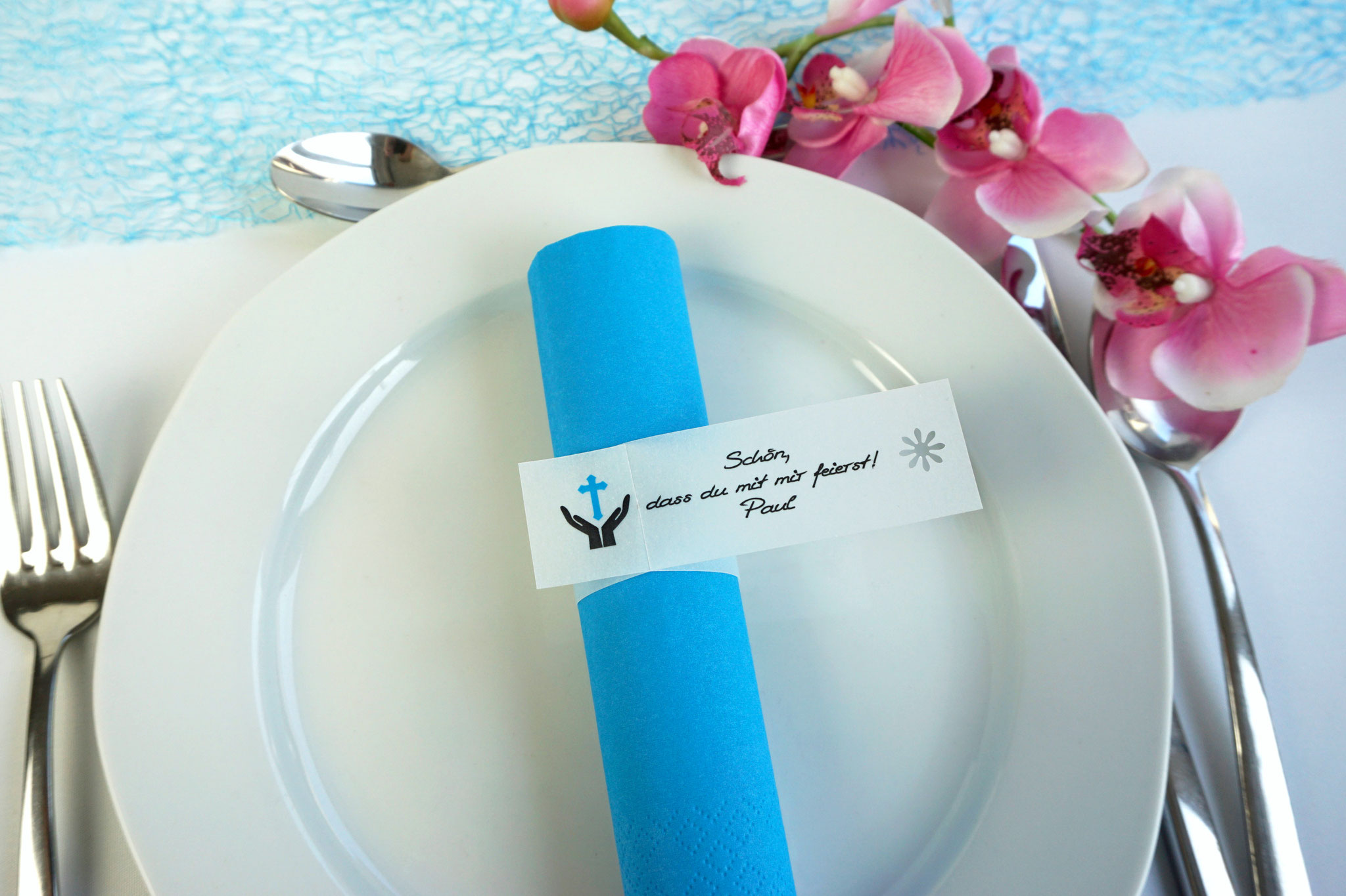 Serviettenring Design Hand/Kreuz, Farbe Blau, Randabschluss Blümchen