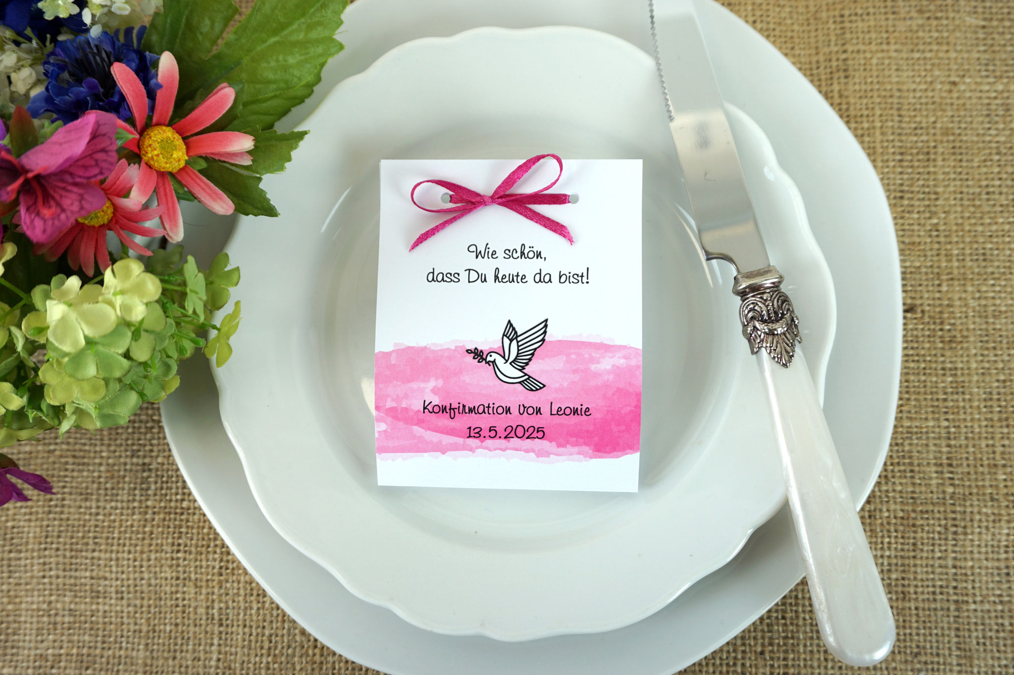 Fruchtgummikarte Design Taube-Aquarellband - Satinband Pink