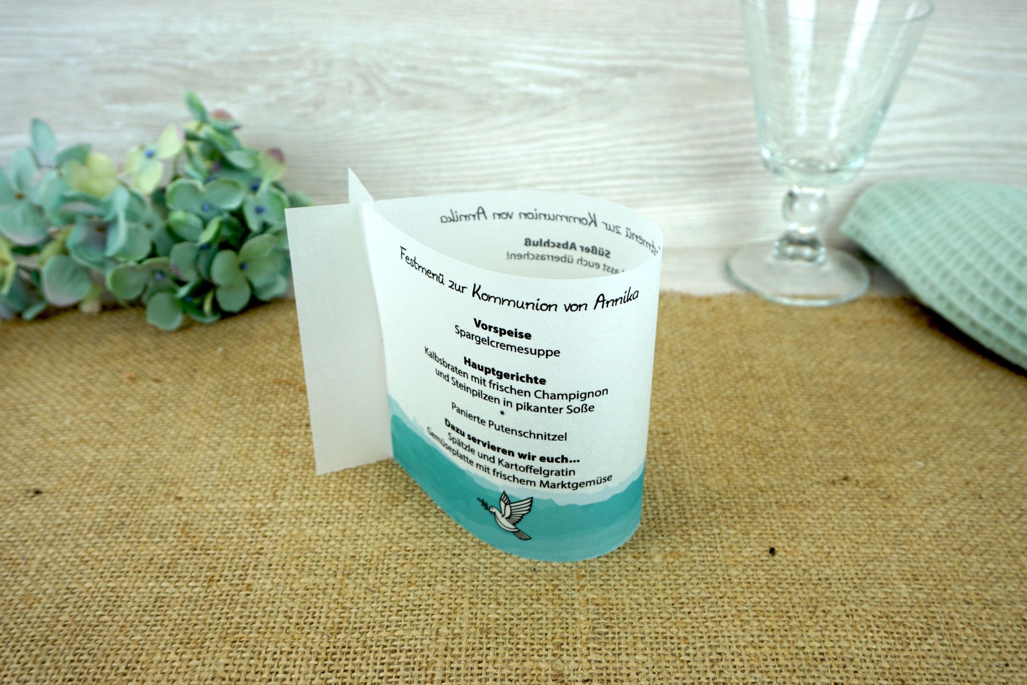 Menükarte Fischform 10,5cm, Design Taube/Aquarellband Türkis dunkel