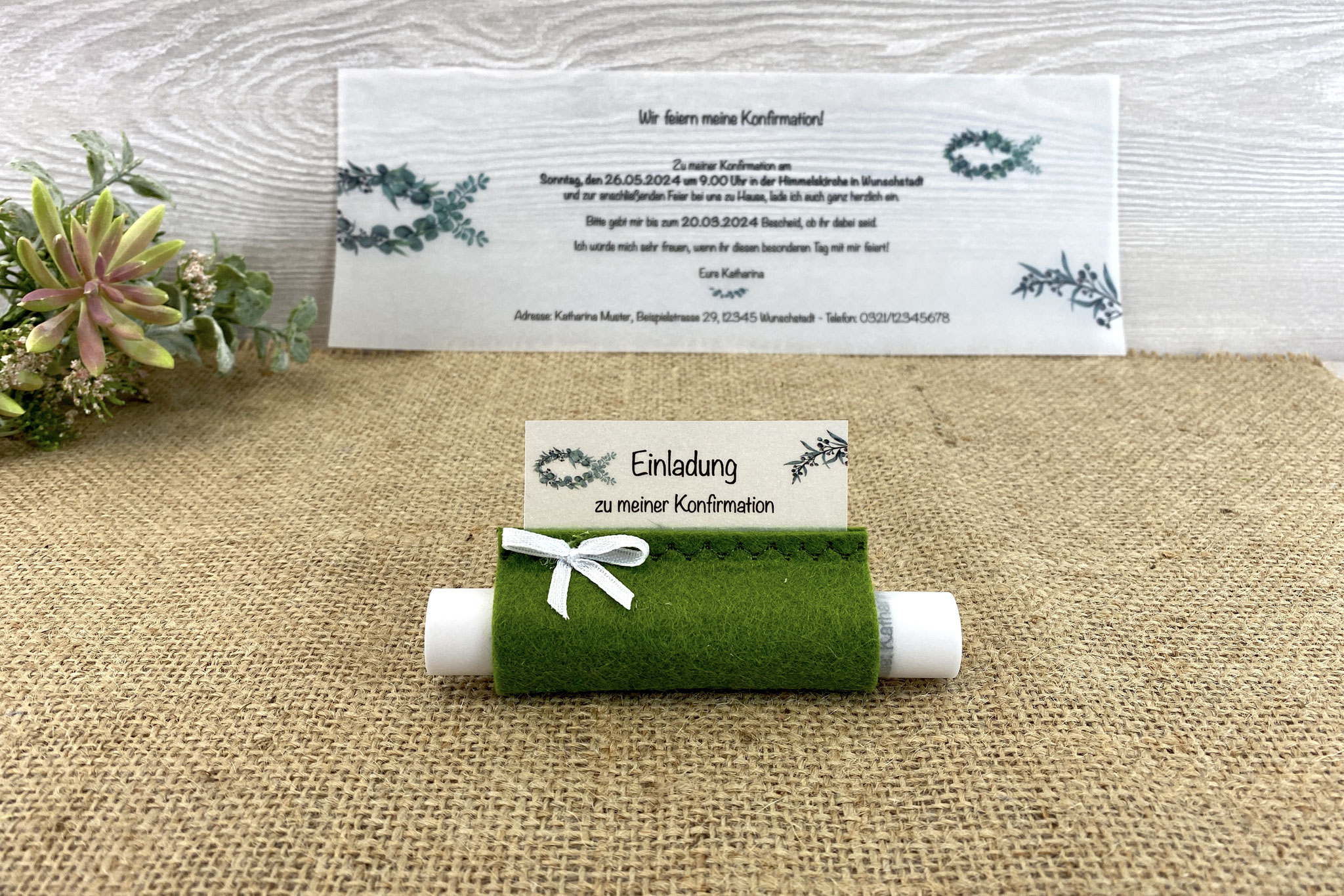Design Eukalyptus-Fisch - Filz Oliv - mit Schleife