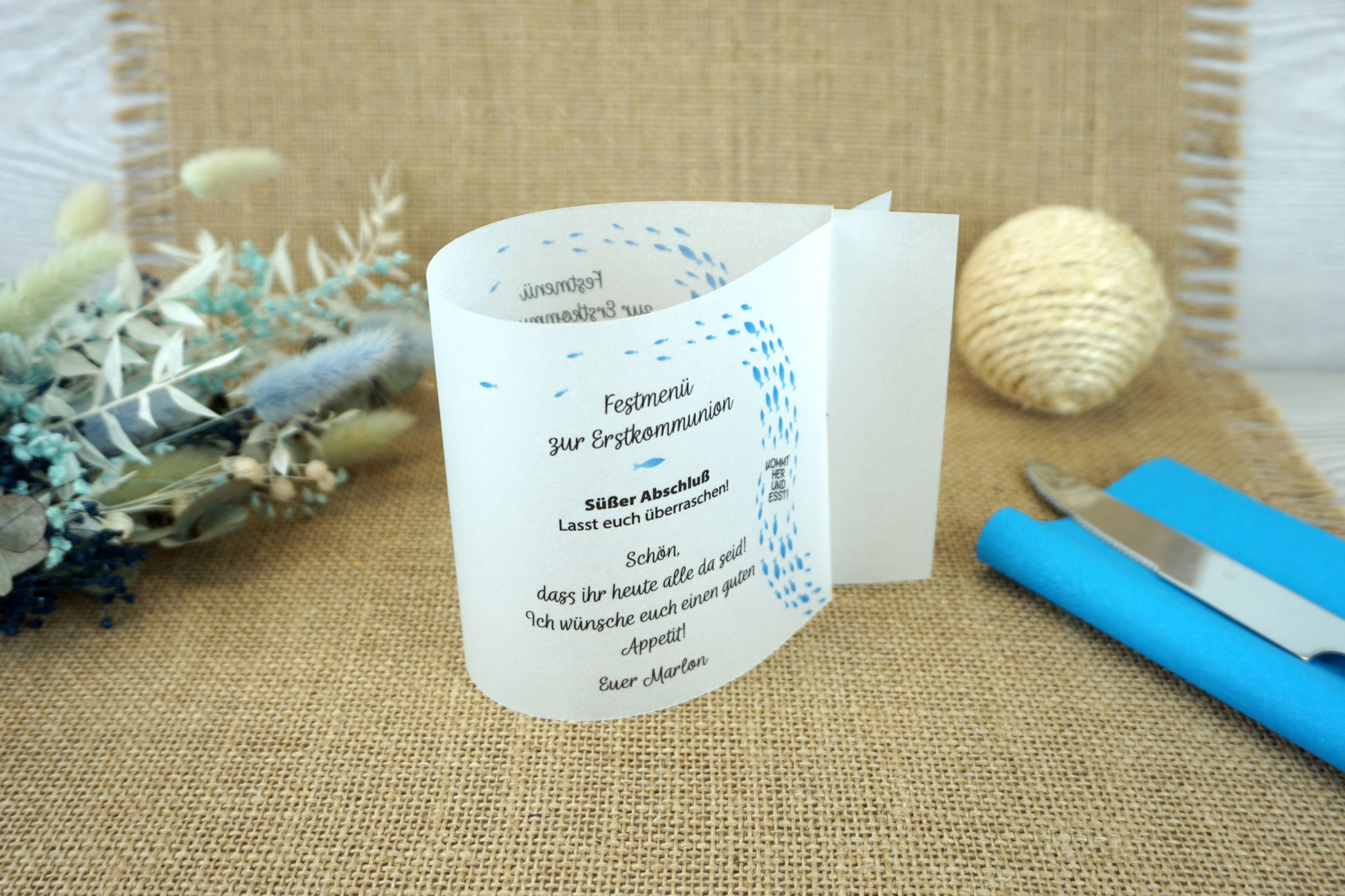 Menükarte Fischform 10,5cm, Design KommtHerUndEsst/Fische - Blau