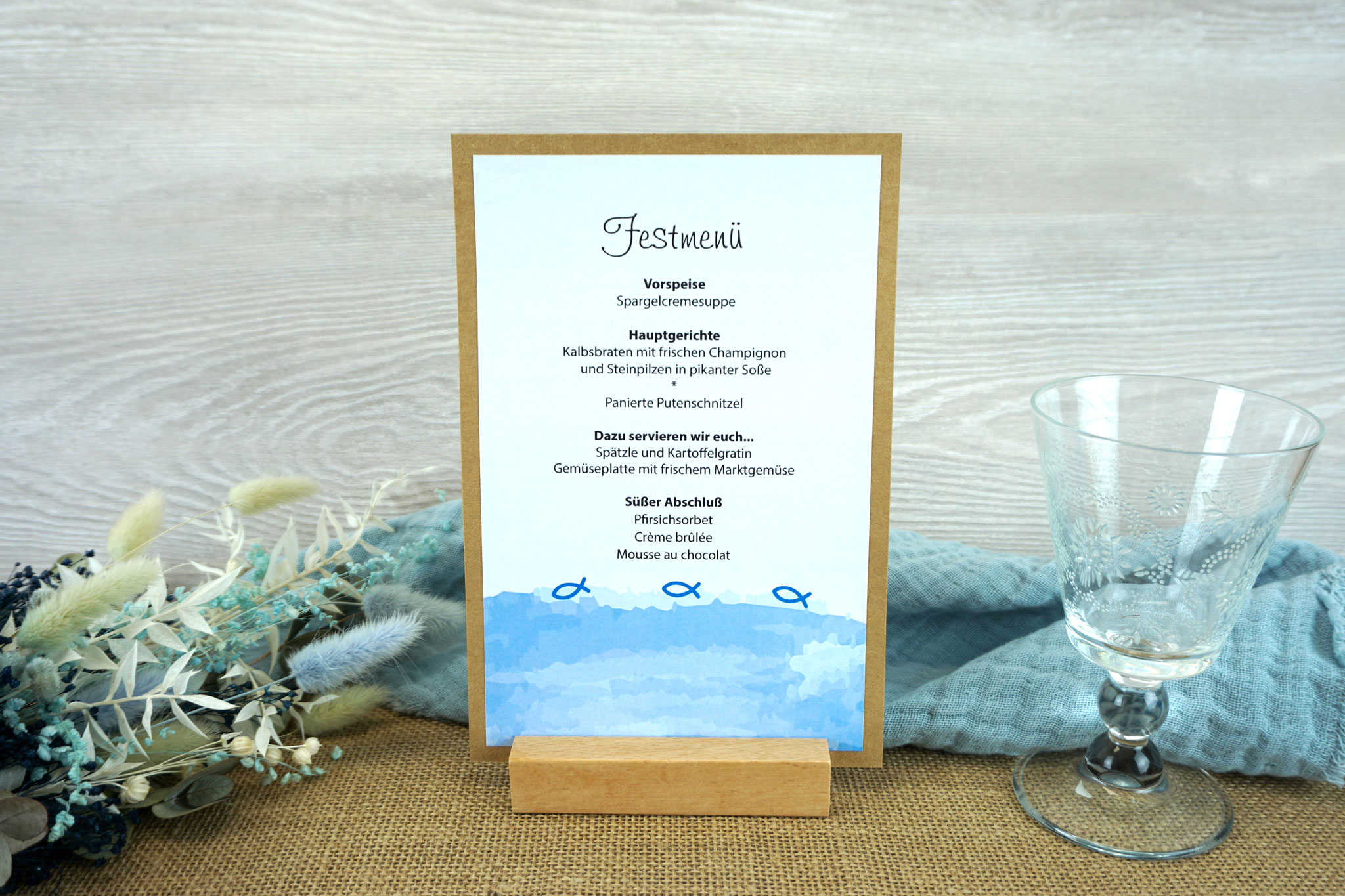 Menükarte/Tischaufsteller - Design Aquarellband/Fische - Blau
