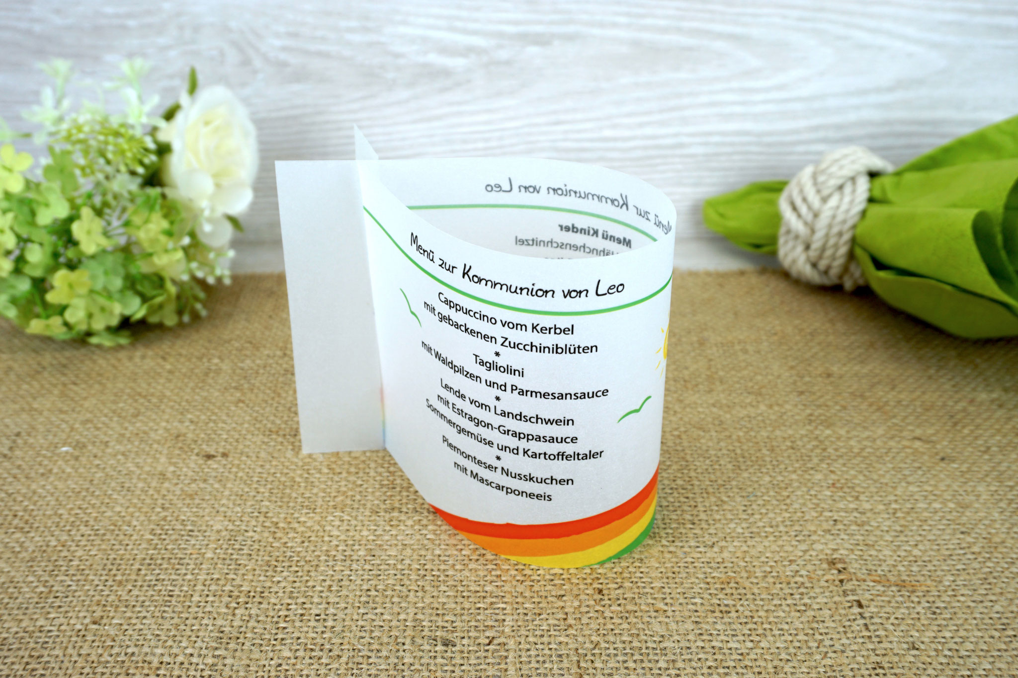 Menükarte Fischform 10,5cm, Design Regenbogen/Vögelchen