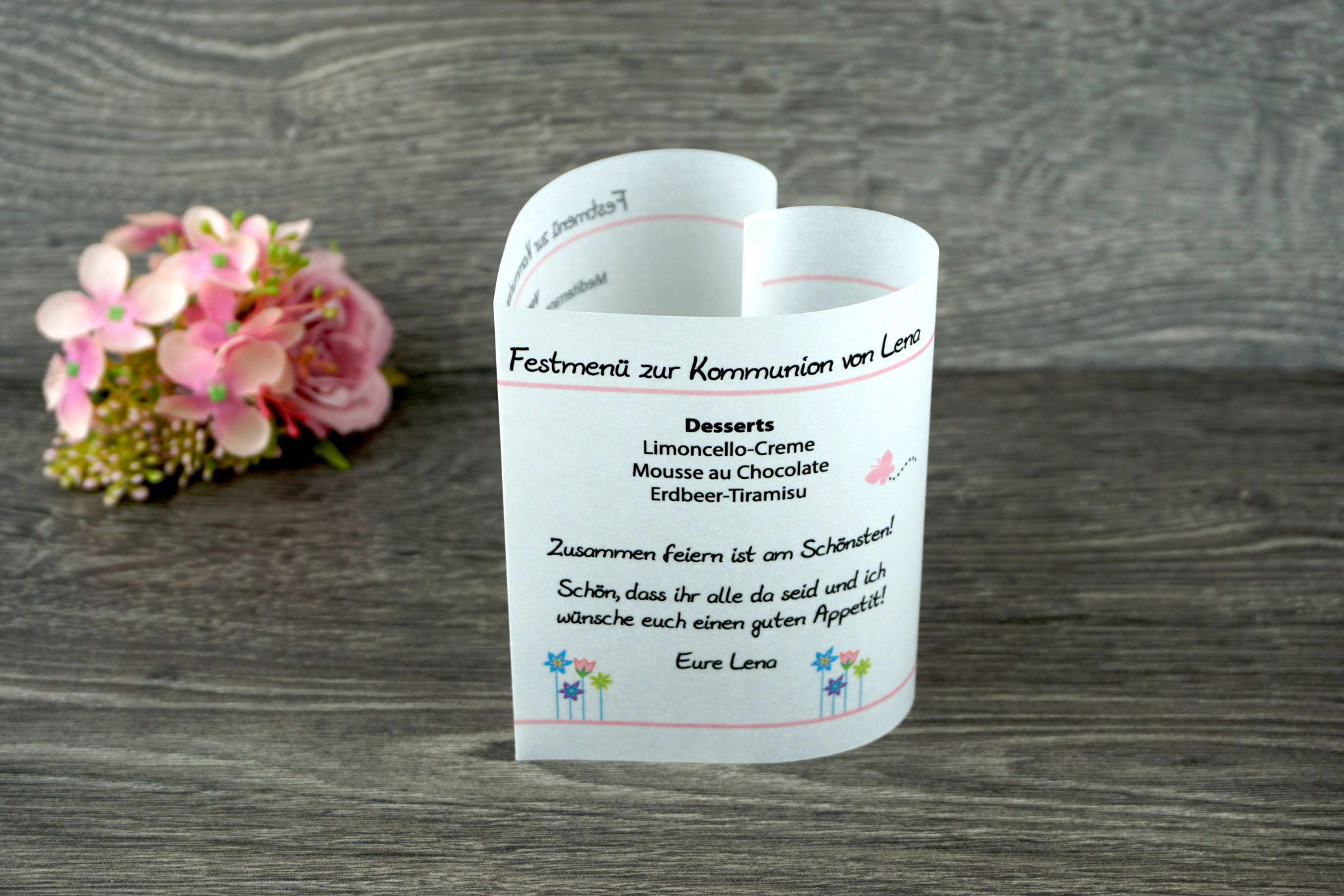 Menükarte Herzform 10,5cm, Design Blumenwiese Rosa
