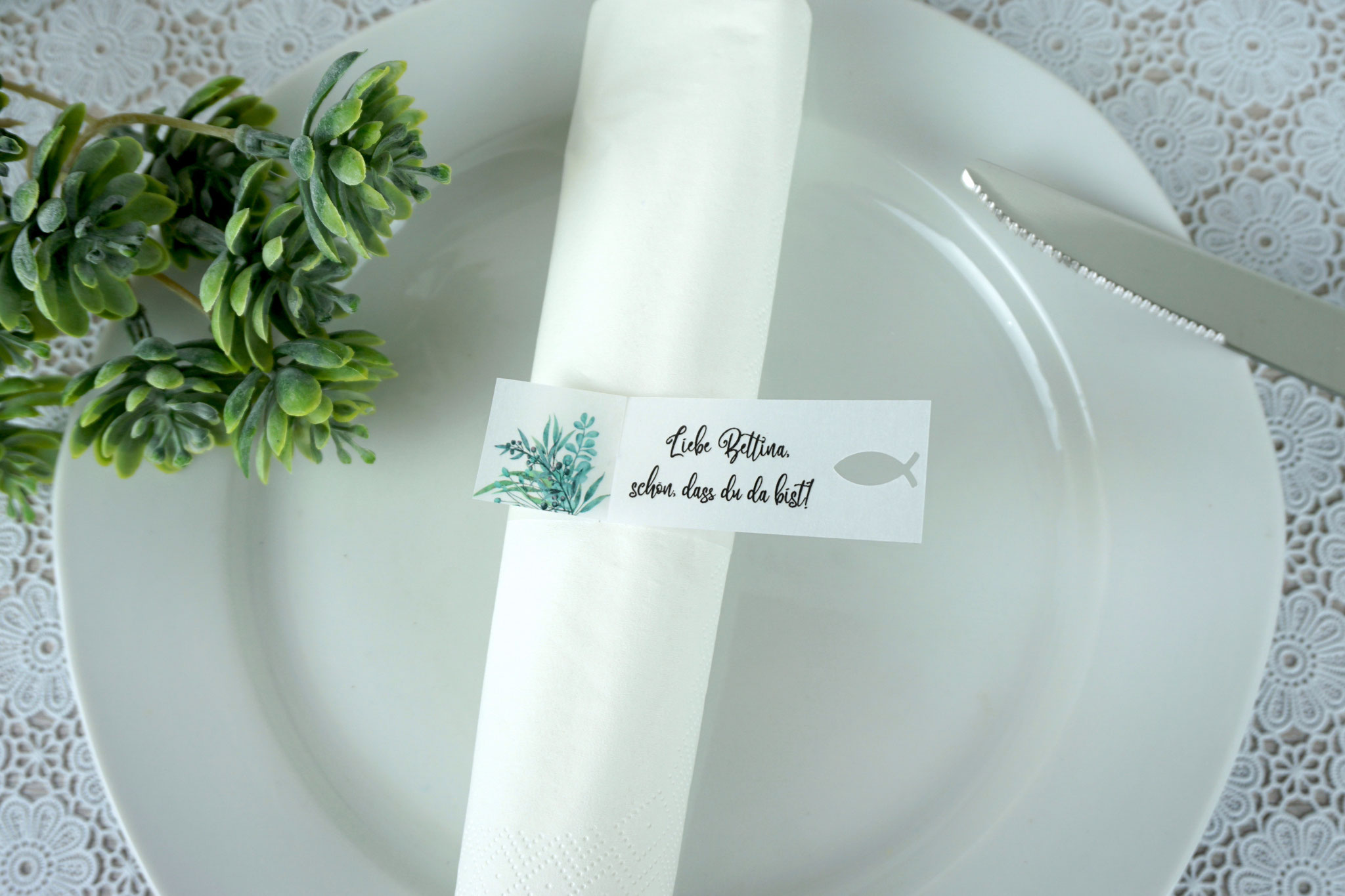 Serviettenring Design Eukalyptus-Liebe, Randabschluss Fisch - als Platzkarte