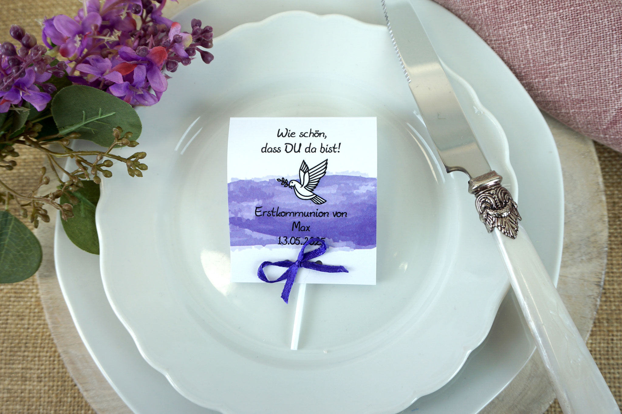 Lutscherkarte Design Taube/Aquarellband Lila - Satinband Lila
