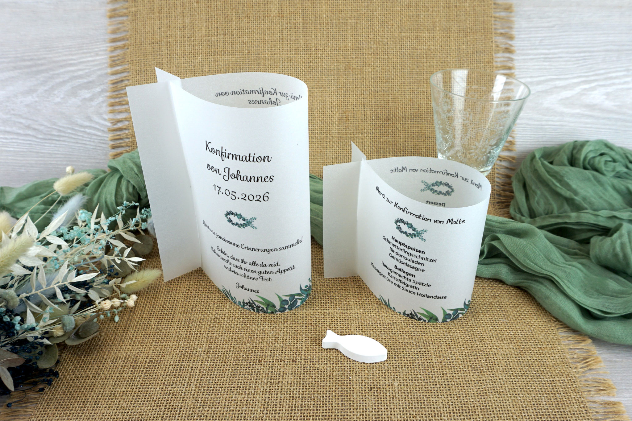 Menükarten in Fischform - Design "Eukalyptus-Fisch"