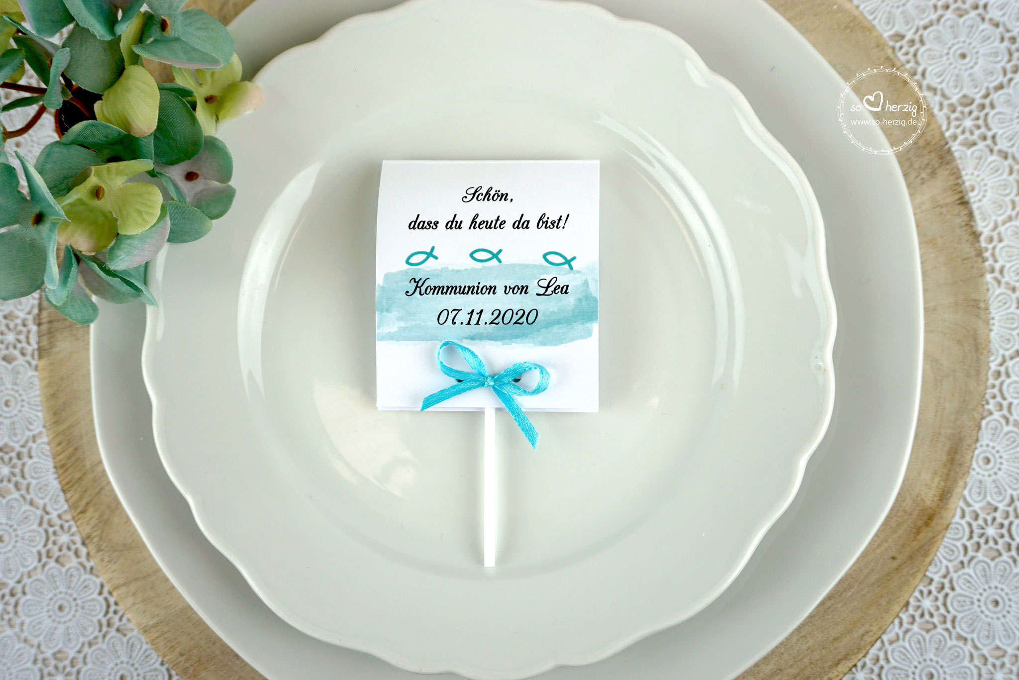 Lutscherkarte Design Aquarellband/Fische Türkis hell