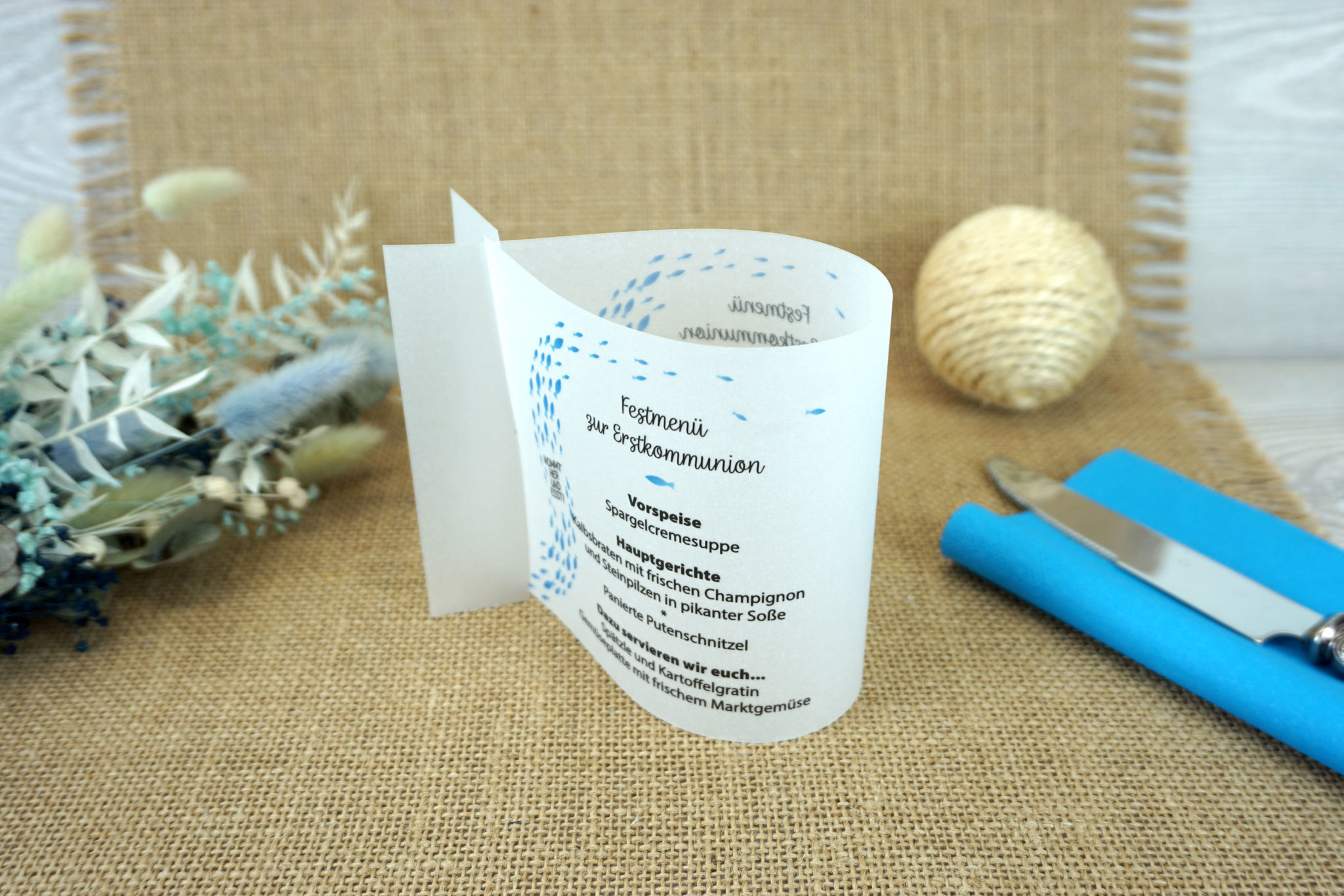 Menükarte Fischform 10,5cm, Design KommtHerUndEsst/Fische - Blau
