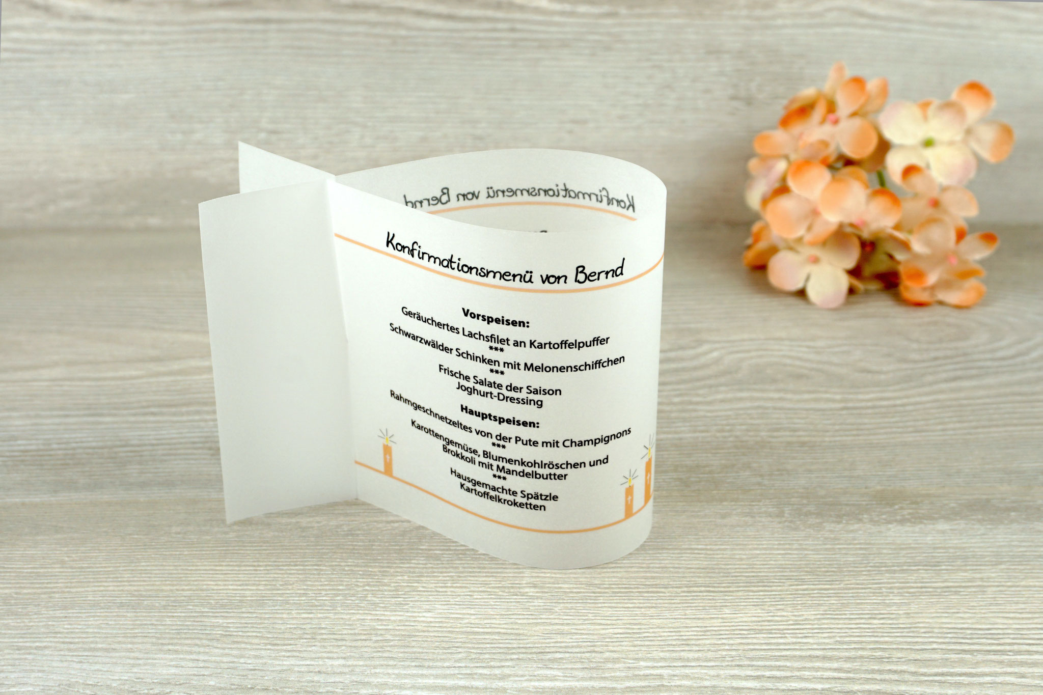 Menükarte Fischform, Design Kerzen Apricot