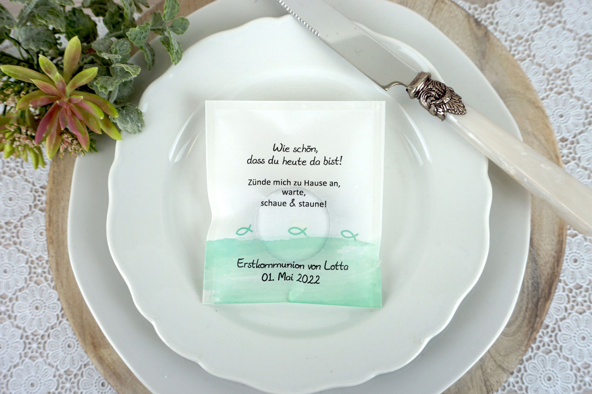 Teelicht-Botschaft Design: Aquarellband/Fische Mint
