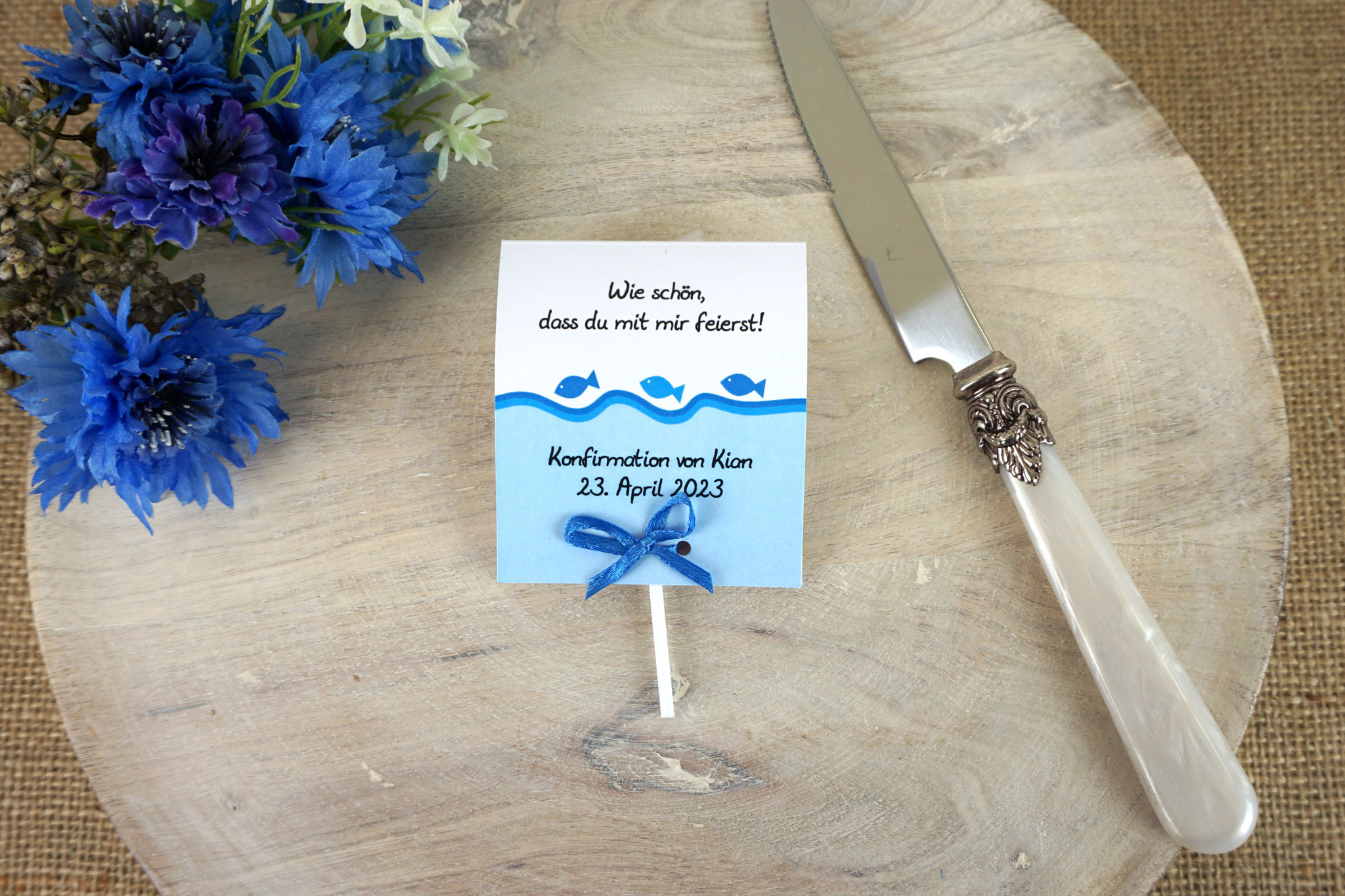 Lutscherkarte Design Fische Blau - Satinband Blau