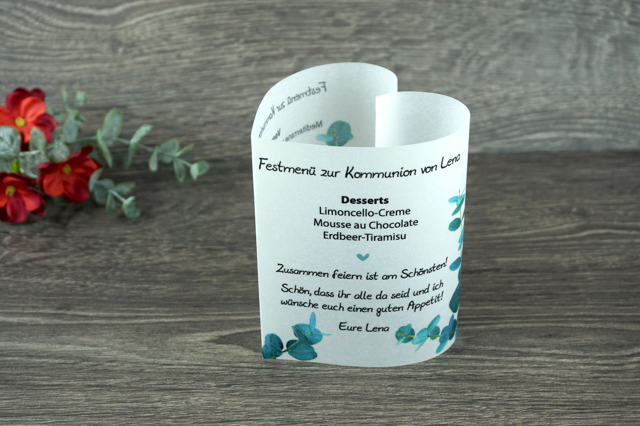 Menükarte Herzform 10,5cm, Design Eukalyptus