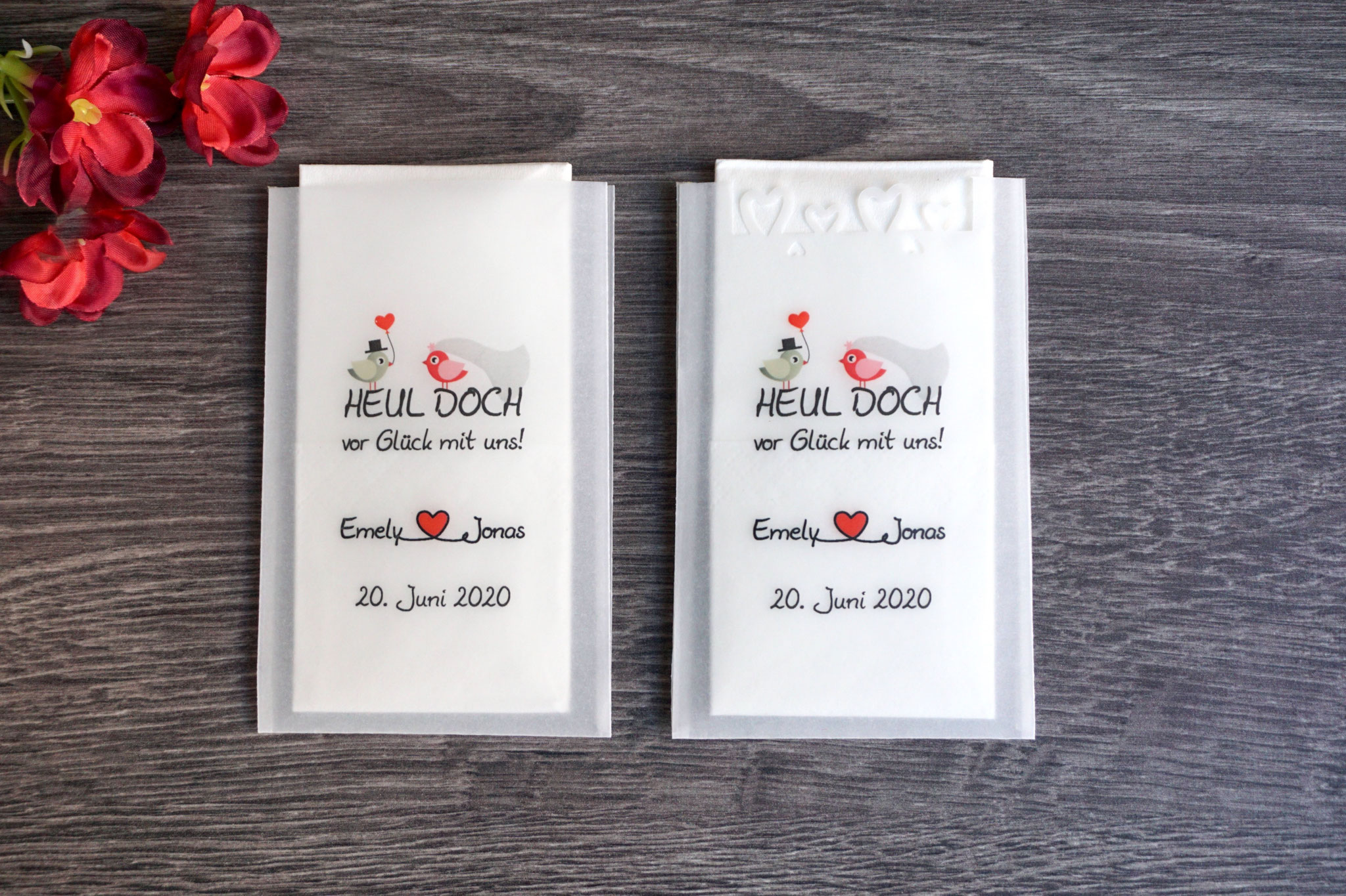 Design Hochzeitsvögel Mr. & Mrs. Graubraun/Rot, mit und ohne Herzrand