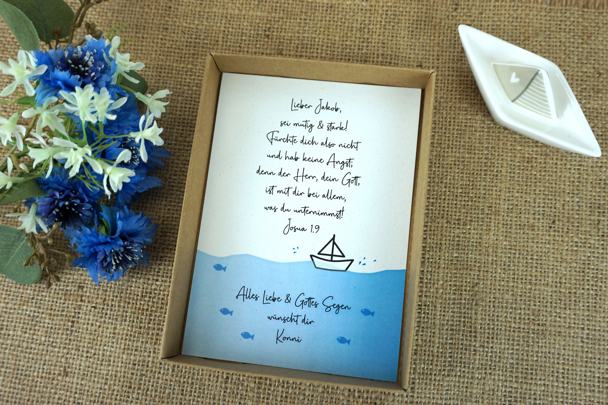 Geschenkebox zur Taufe - Design Boot Blau - Text "sei mutig & stark"