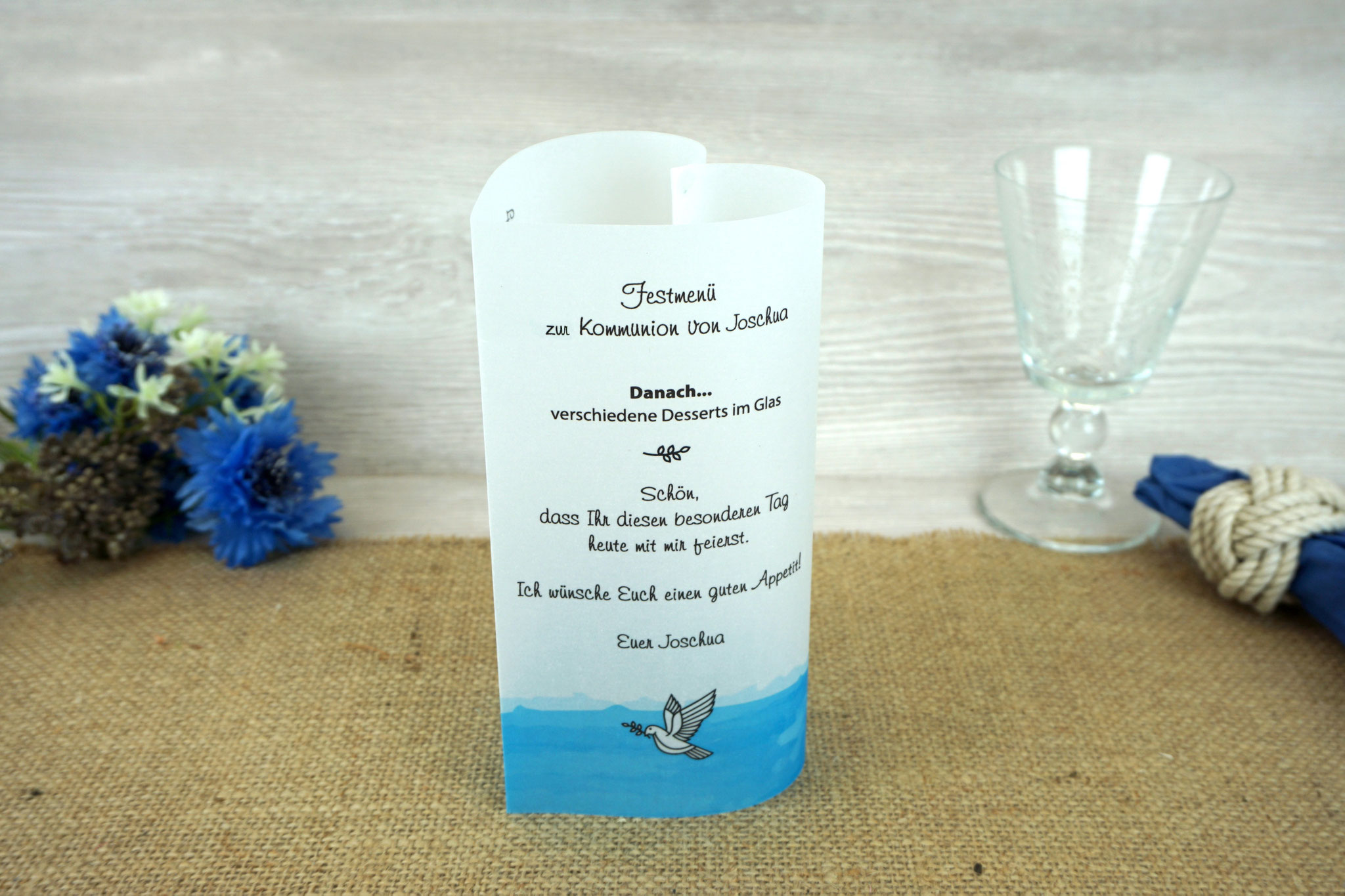Menükarte Herzform 17cm, Design Taube/Aquarellband Blau