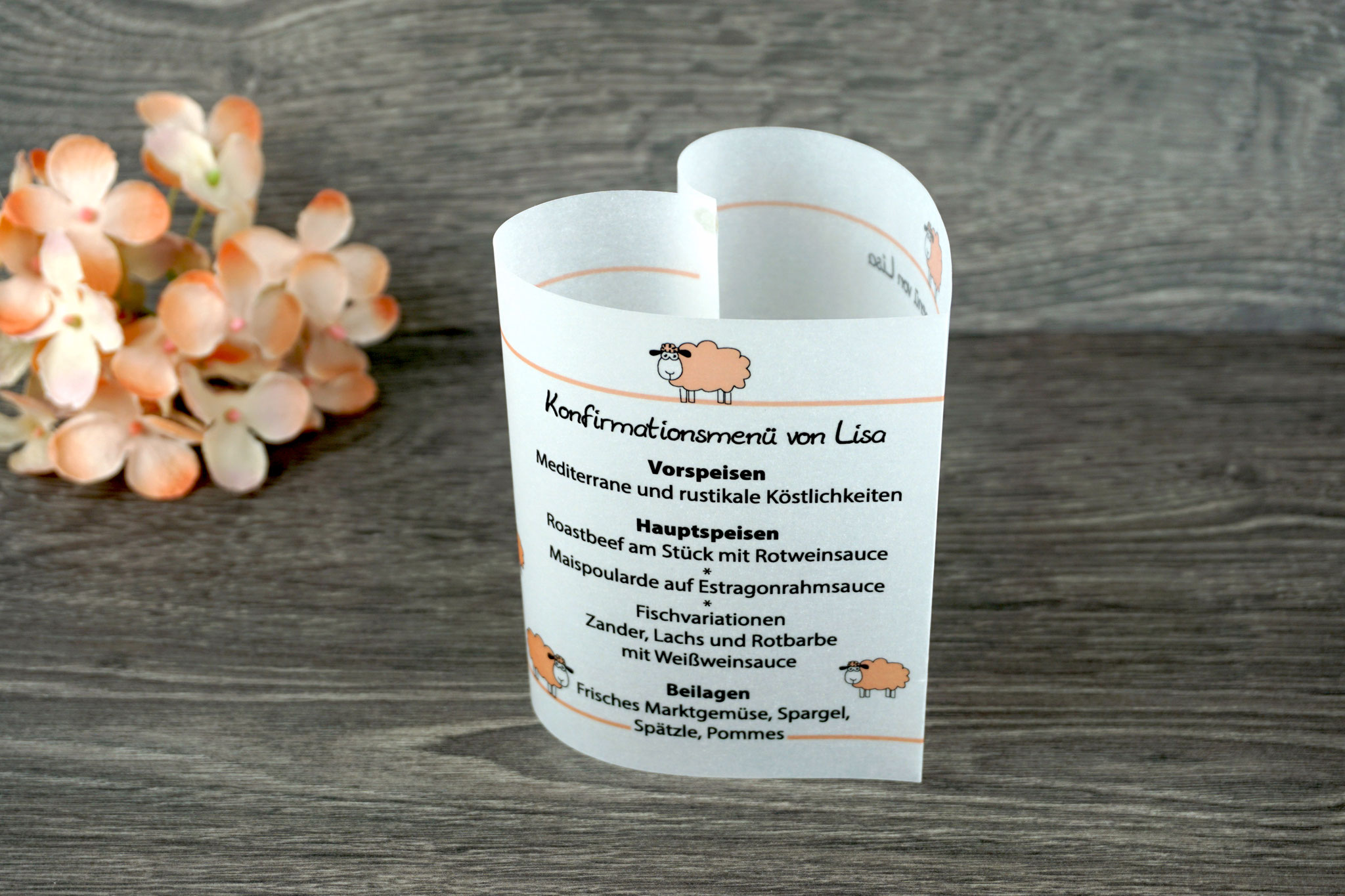 Menükarte Herzform 10,5cm, Design Schafe Apricot