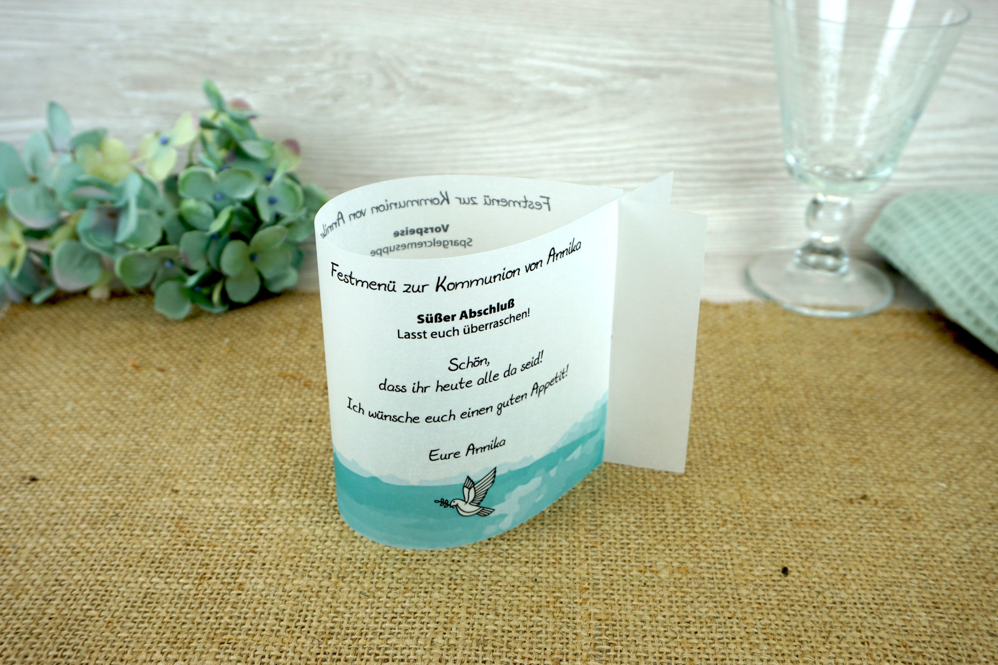 Menükarte Fischform 10,5cm, Design Taube/Aquarellband Türkis dunkel