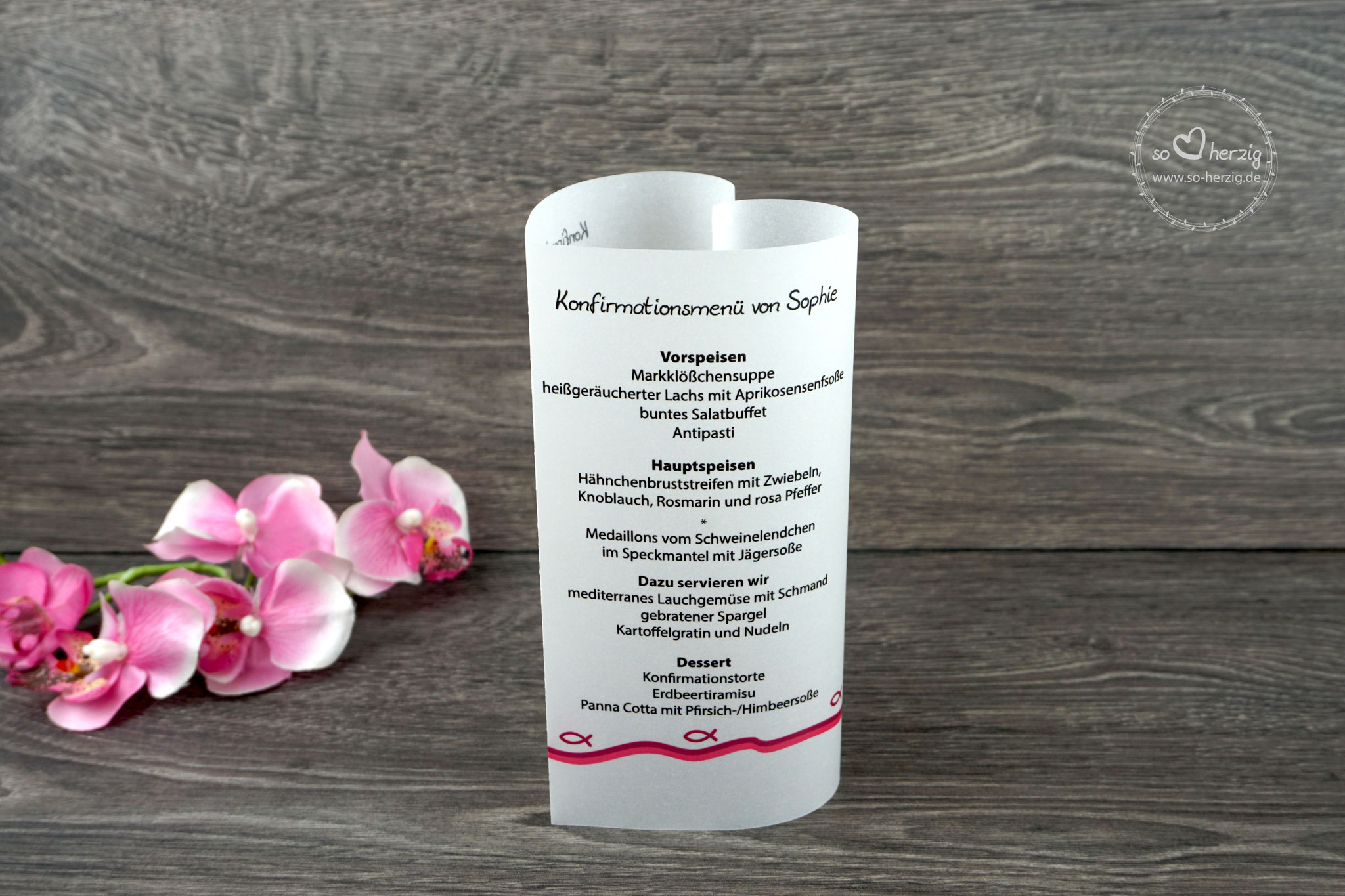 Menükarte Herzform 17cm, Design "Fisch Silhouette", Farbe Pink - Sonderanfertigung
