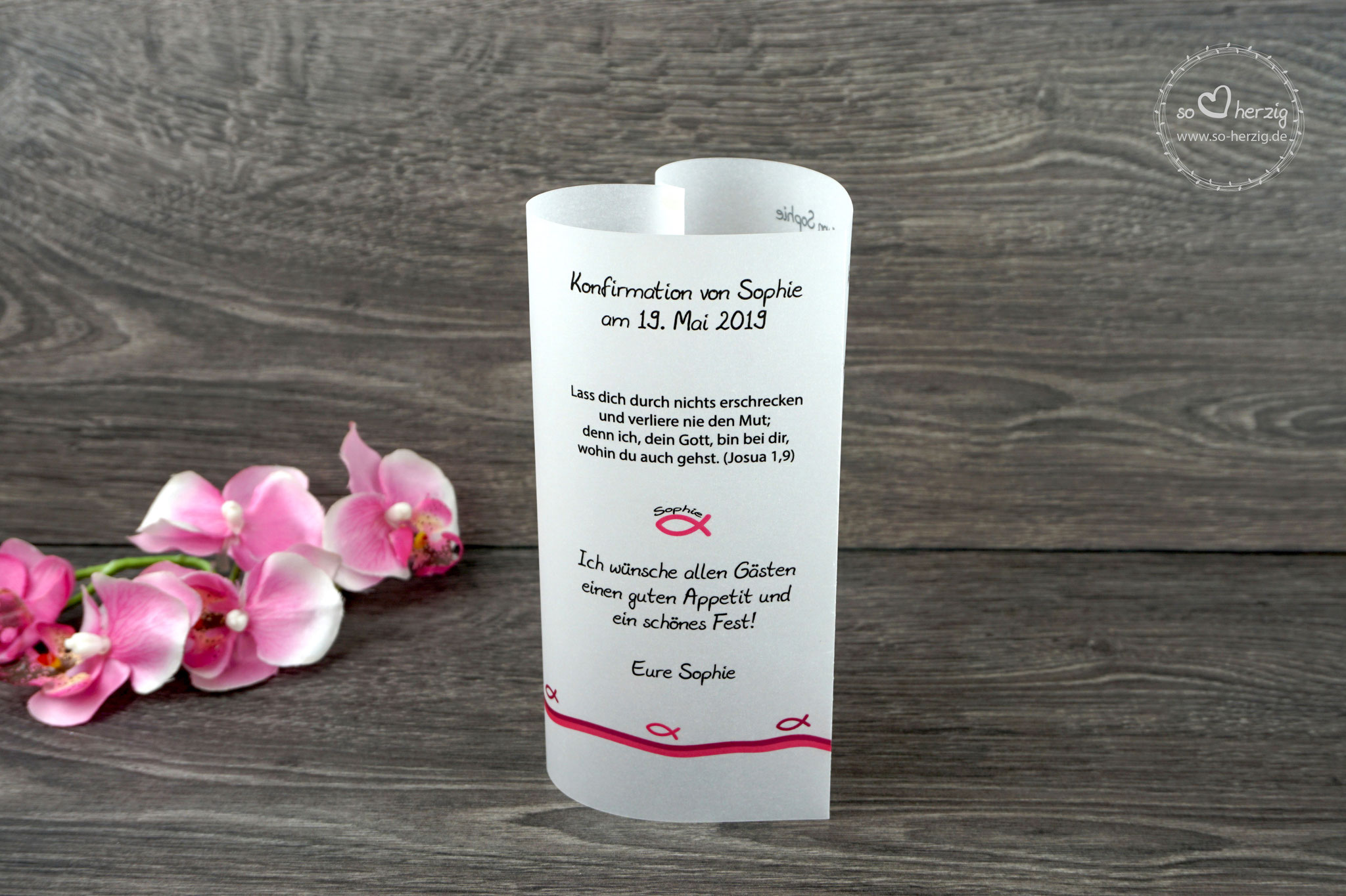 Menükarte Herzform 17cm, Design "Fisch Silhouette", Farbe Pink - Sonderanfertigung