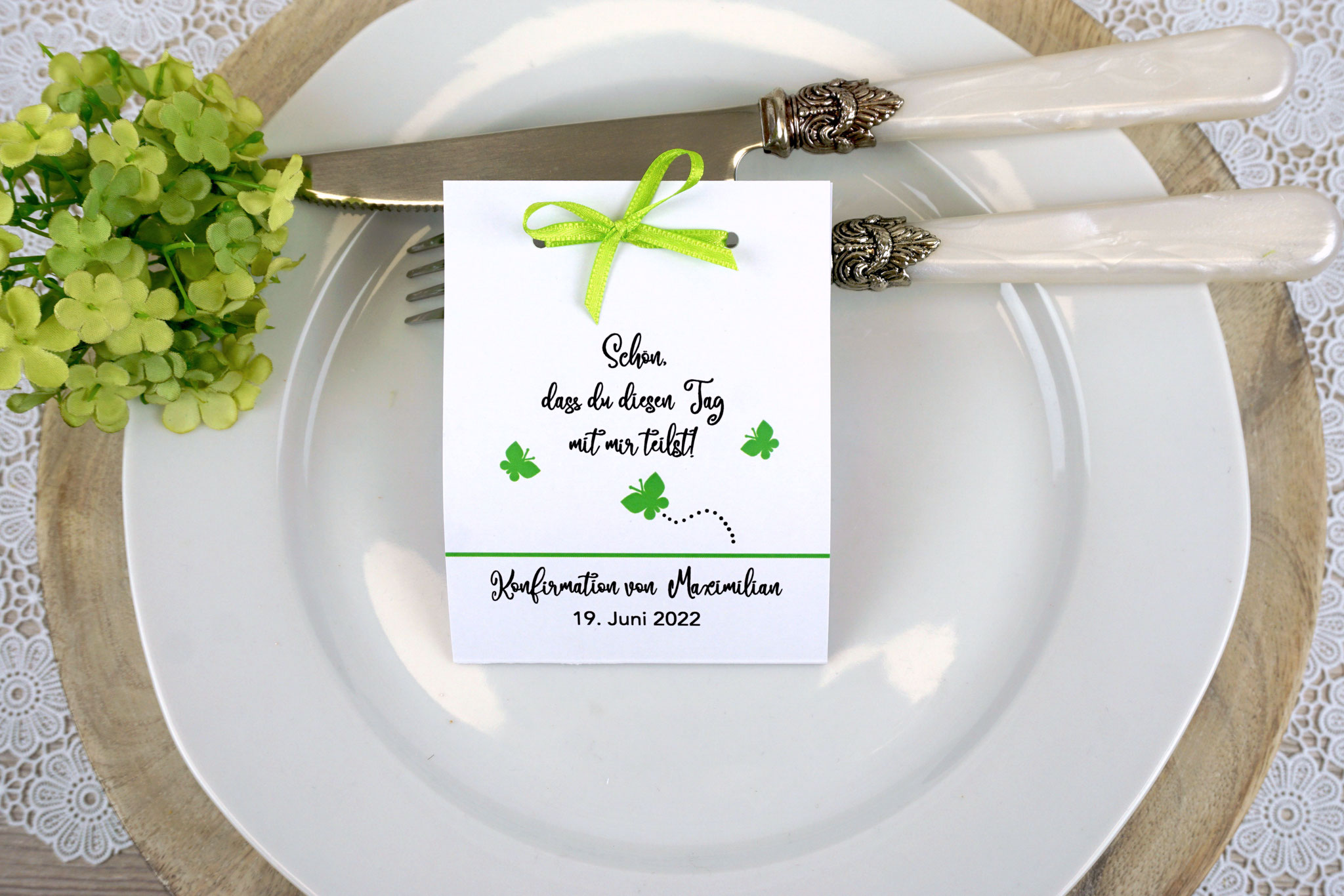 Fruchtgummikarte Design Schmetterlinge Apfelgrün