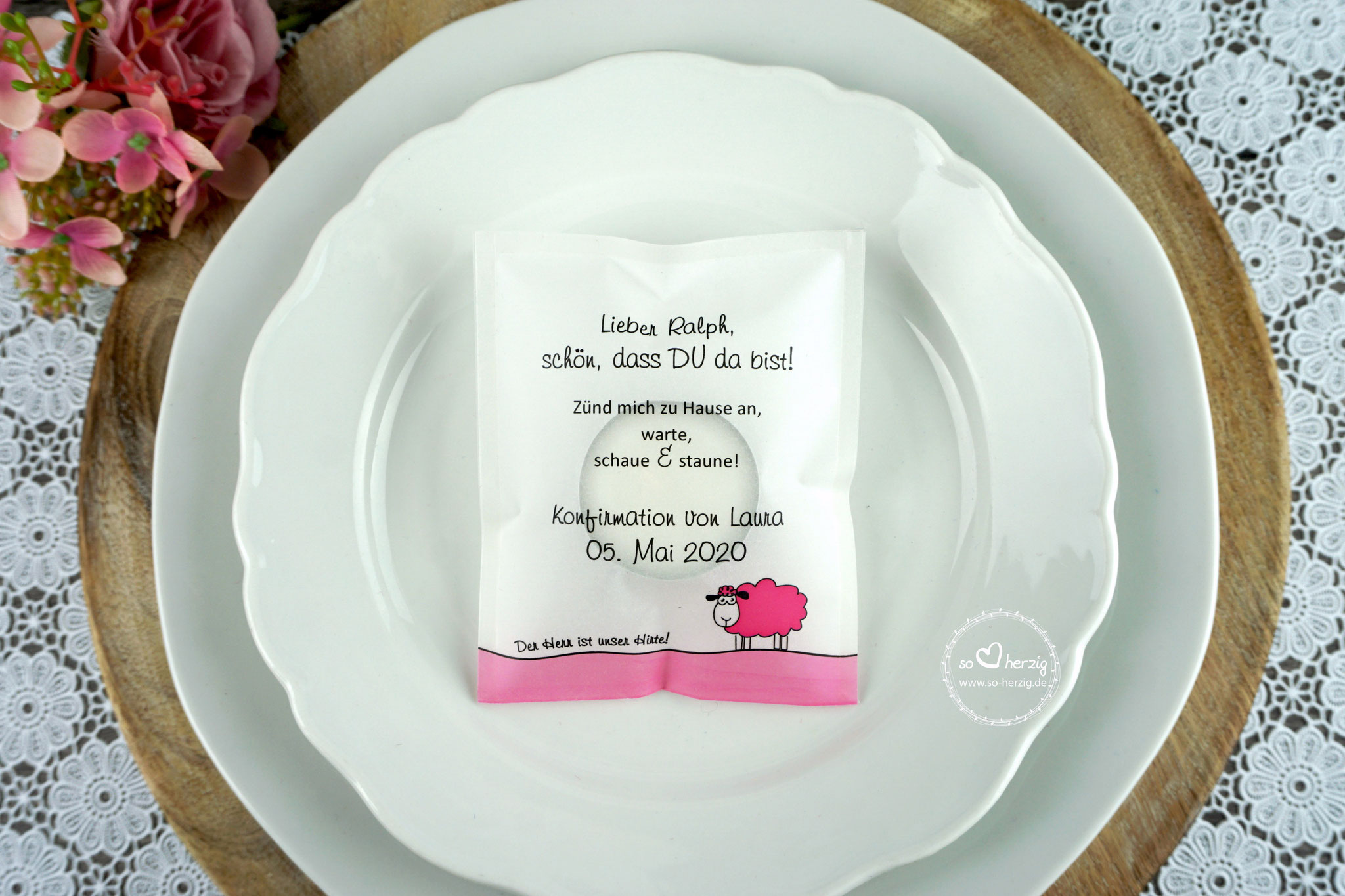 Teelicht-Botschaft "Verpackung als Platzkarte", Design: "Schaf" Pink - als Platzkarte