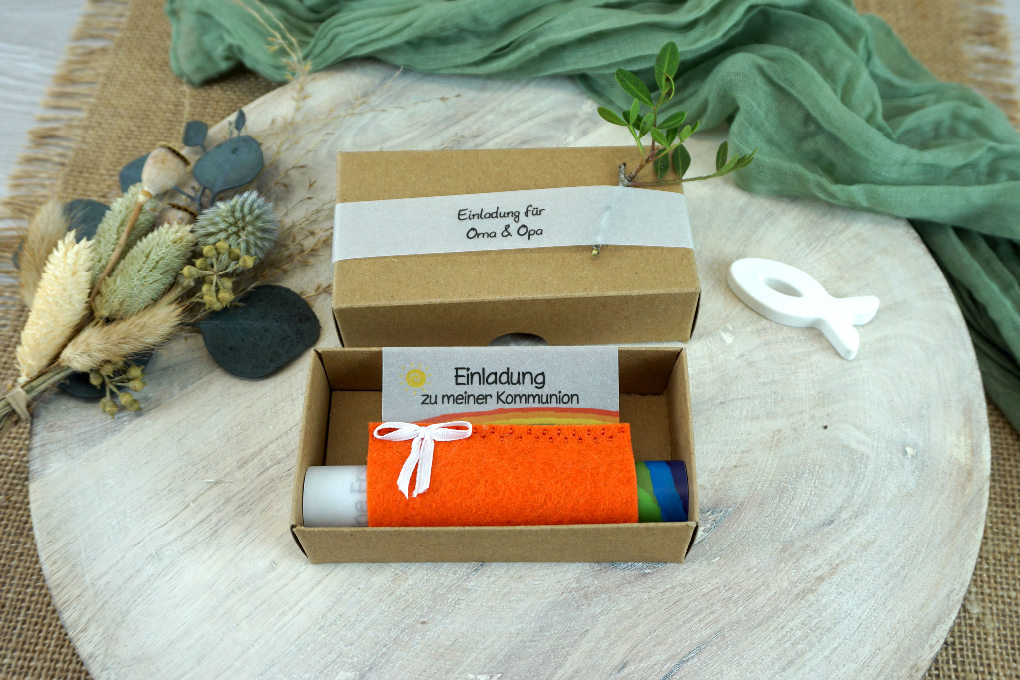 Design Regenbogen - Filz Orange - mit Schleife - mit Verpackung/Banderole