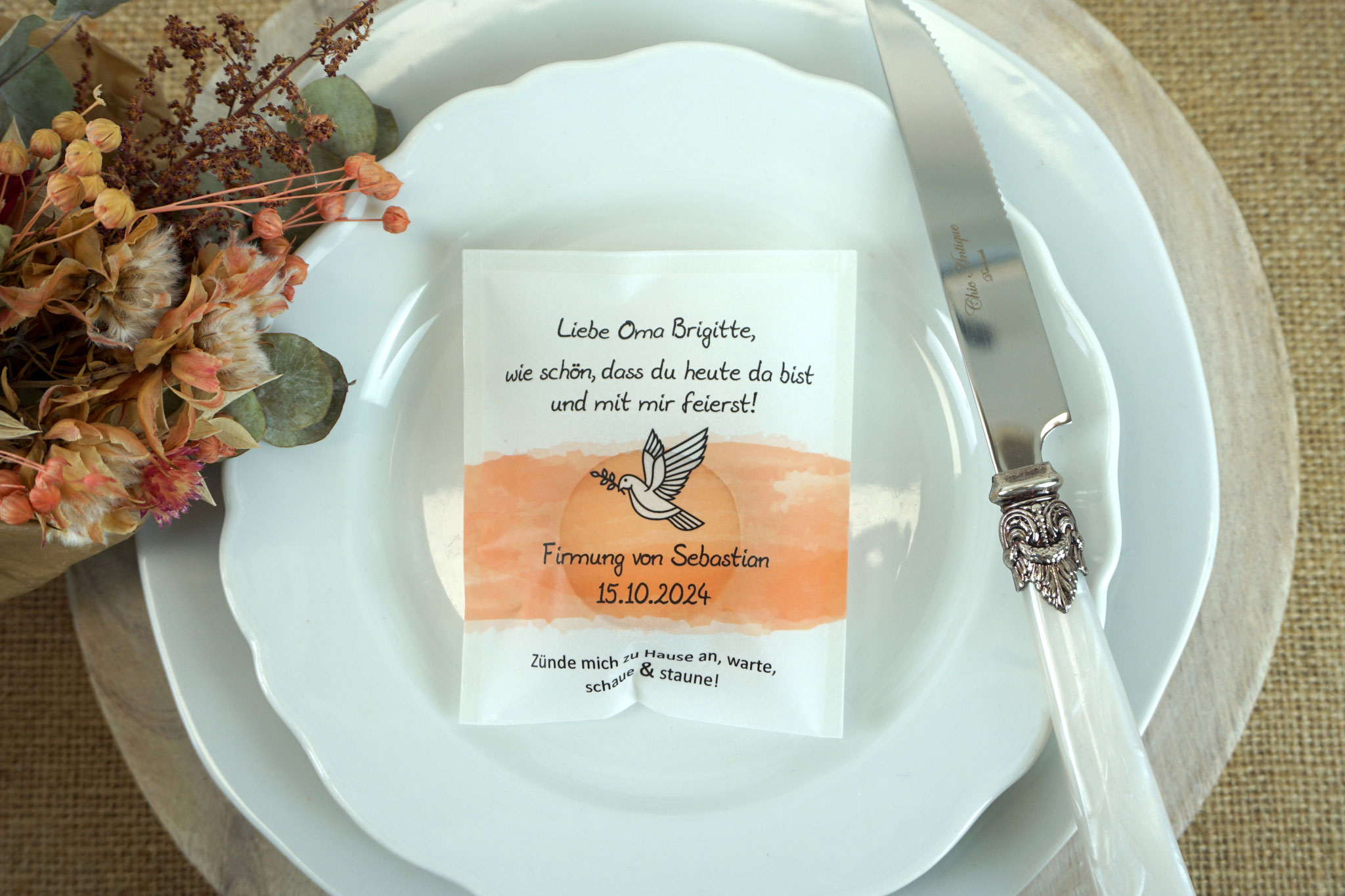Lichtbotschaft Design: Taube/Aquarellband Orange - als Platzkarte