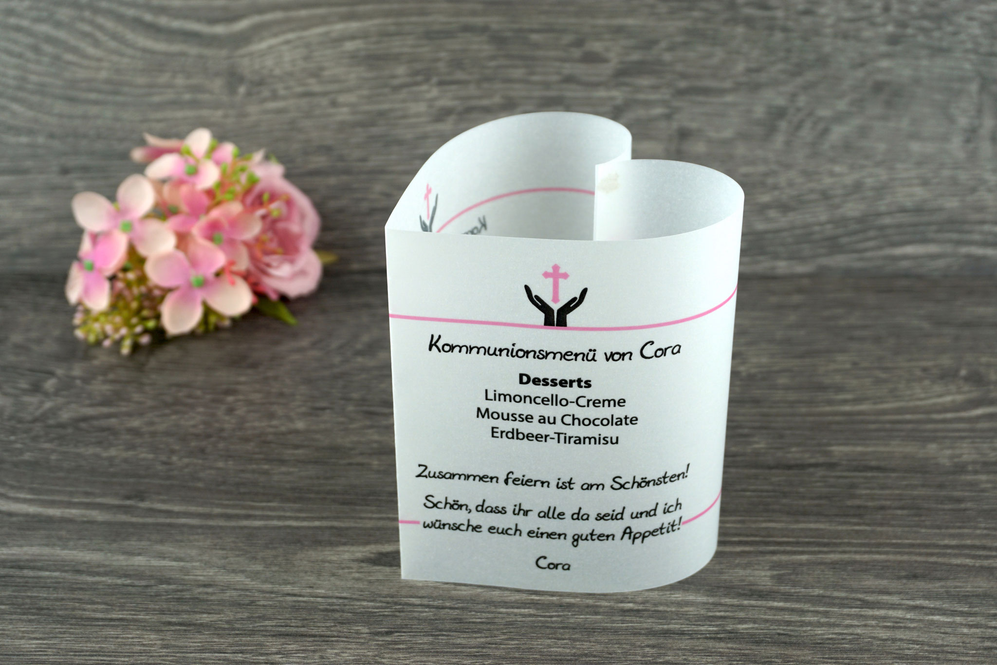 Menükarte Design Hand/Kreuz, Farbe Rosa